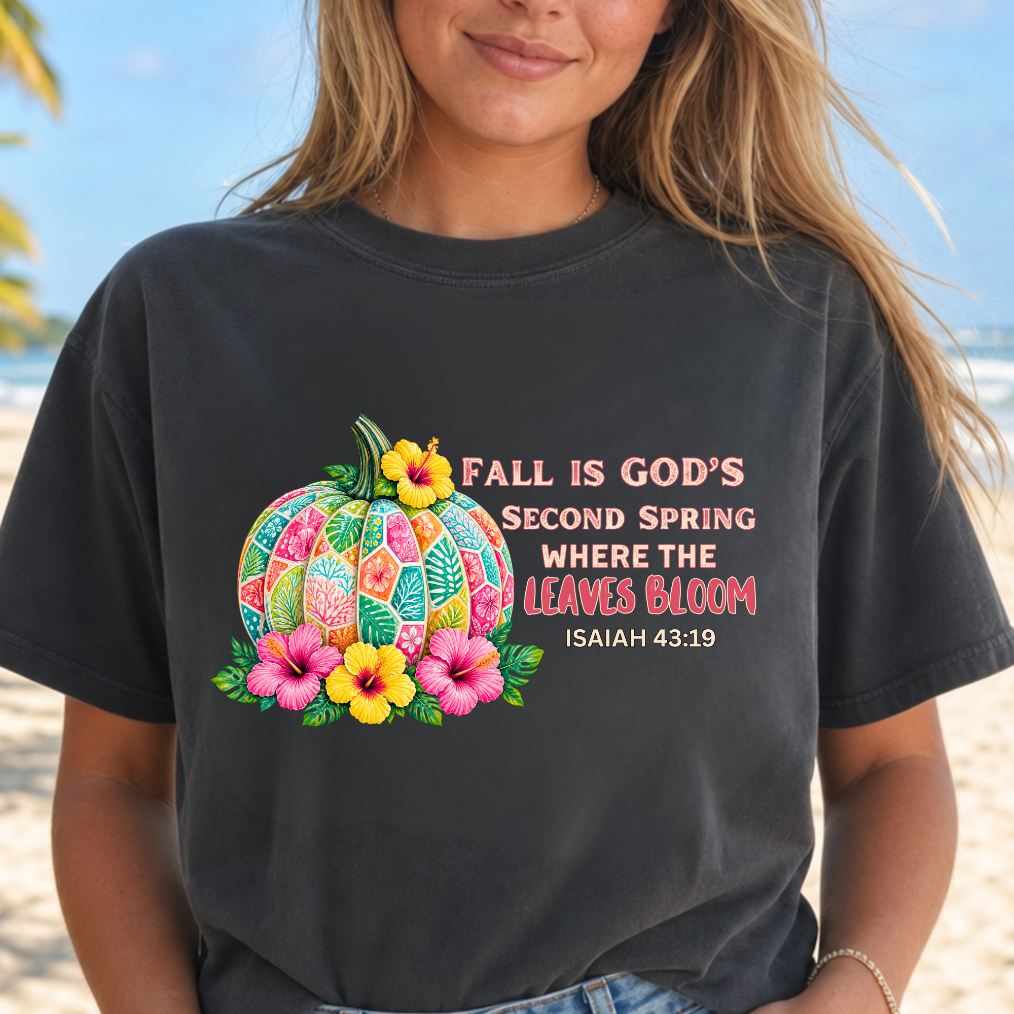 Comfort Colors Summerween Isaiah 43 19 Scripture Shirt, Tropical Fall Is Gods Second Spring Pumpkin Tee, Triche Treasures