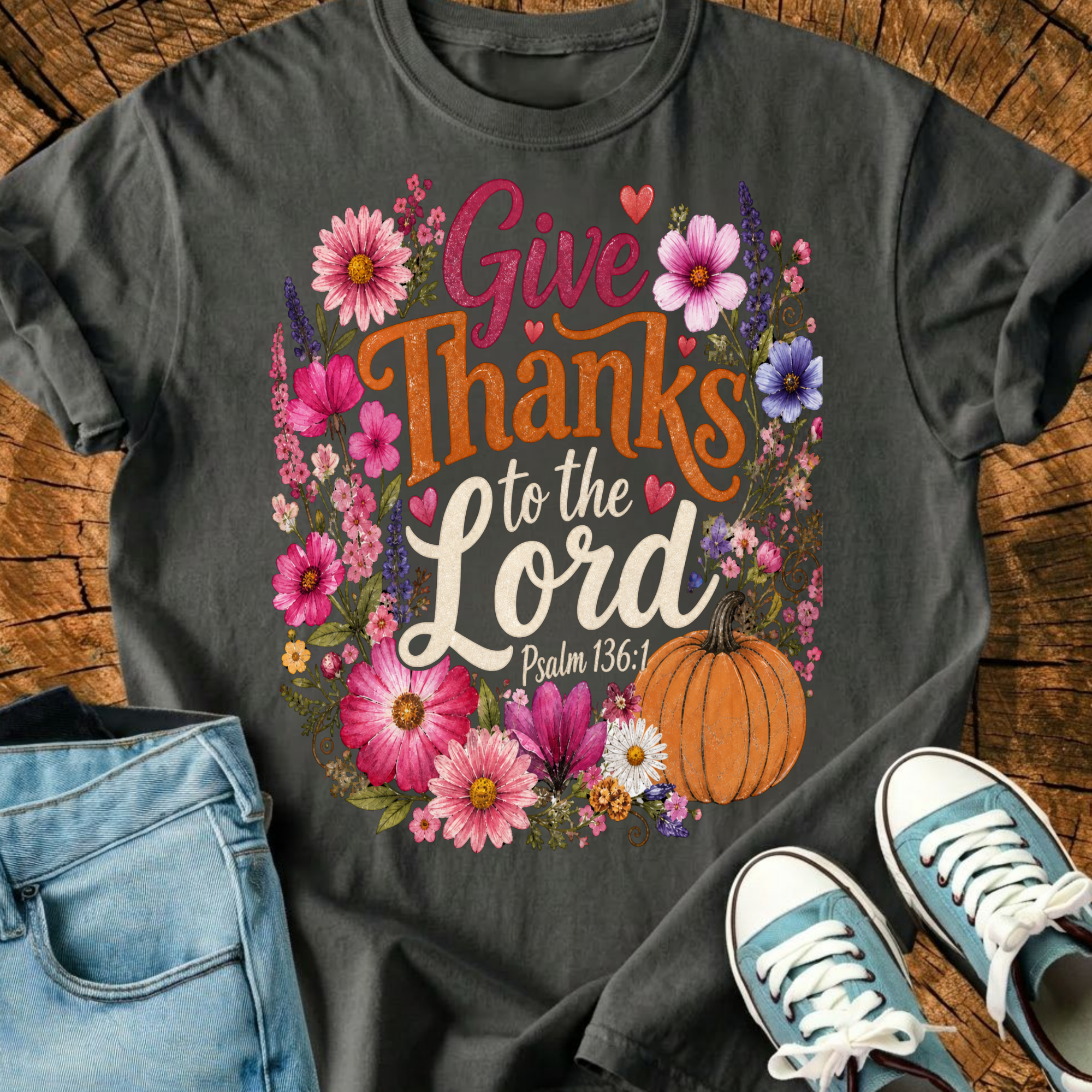 Comfort Colors Give Thanks To The Lord Fall Autumn Shirt, Trendy Boho Floral Christian Shirt, Thanksgiving Bible Verse, Triche Treasures – Chili, S