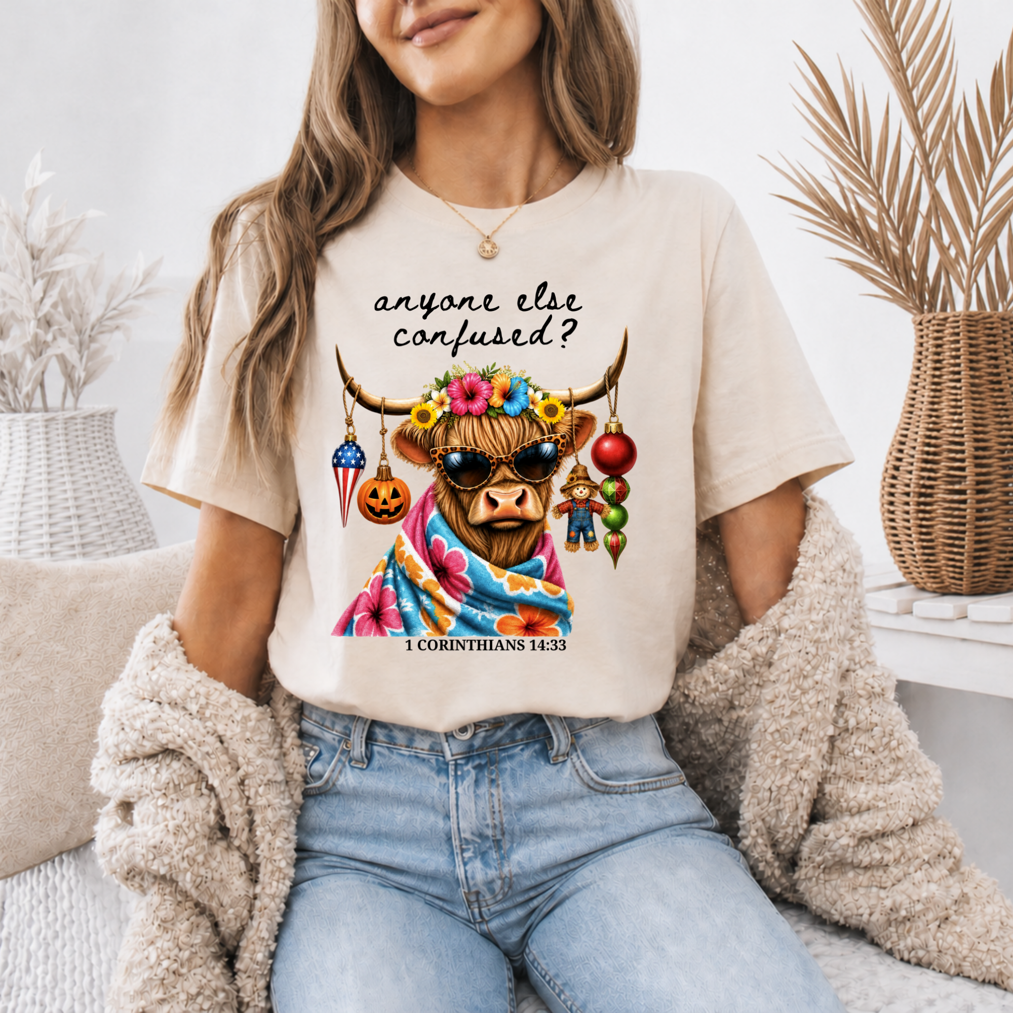 Comfort Colors Funny Highland Cow Tee, Christian Shirt, Holiday Ornaments Humor, Cowgirl gifts, Triche Treasures – Image 2