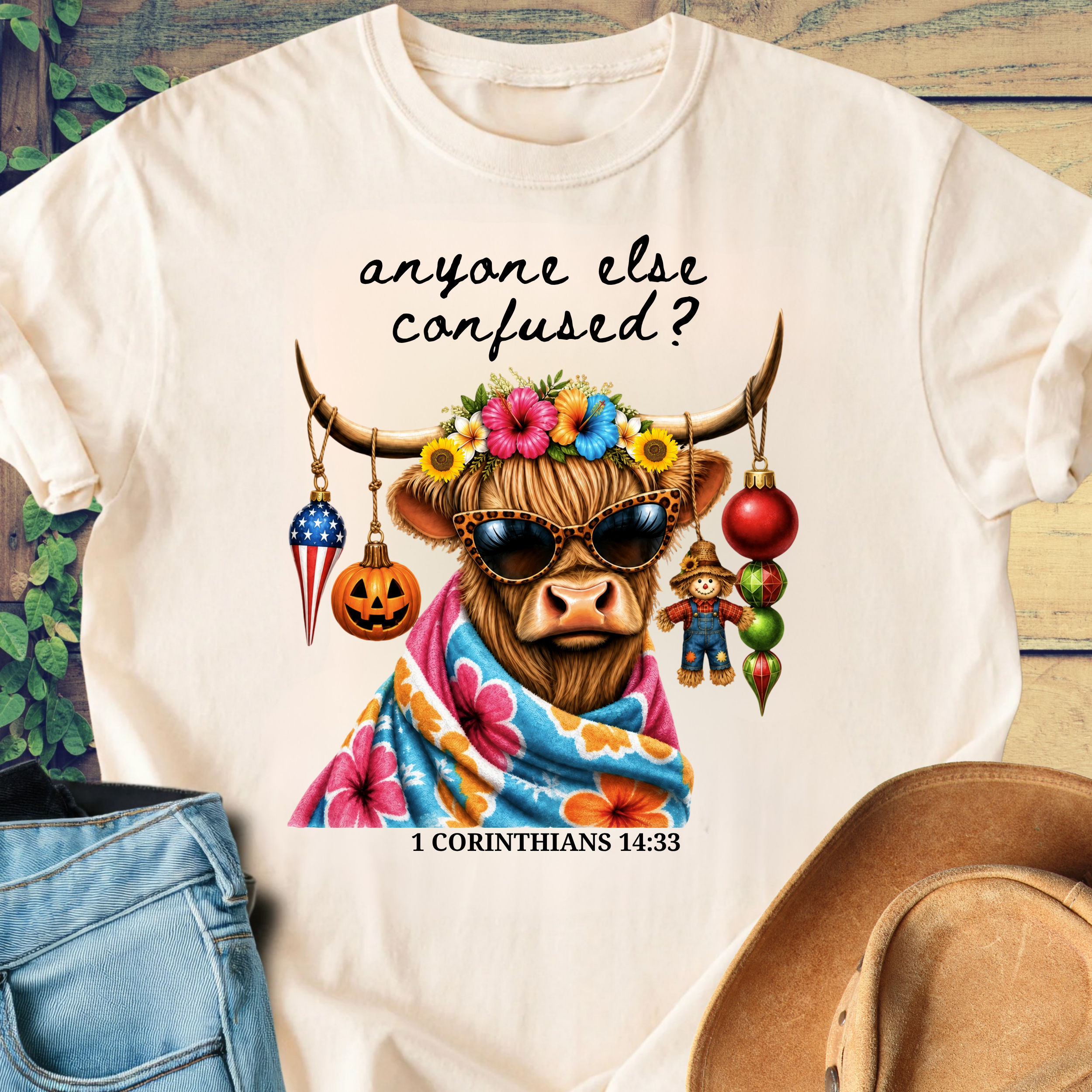 Comfort Colors Funny Highland Cow Tee, Christian Shirt, Holiday Ornaments Humor, Cowgirl gifts, Triche Treasures