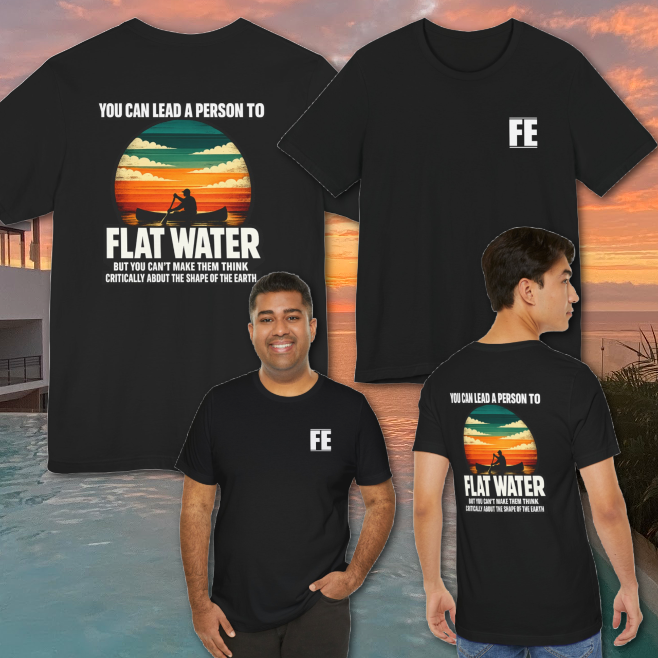 You Can Lead A Person To Flat Water T-Shirt | Flat Earth Retro Sunset Design