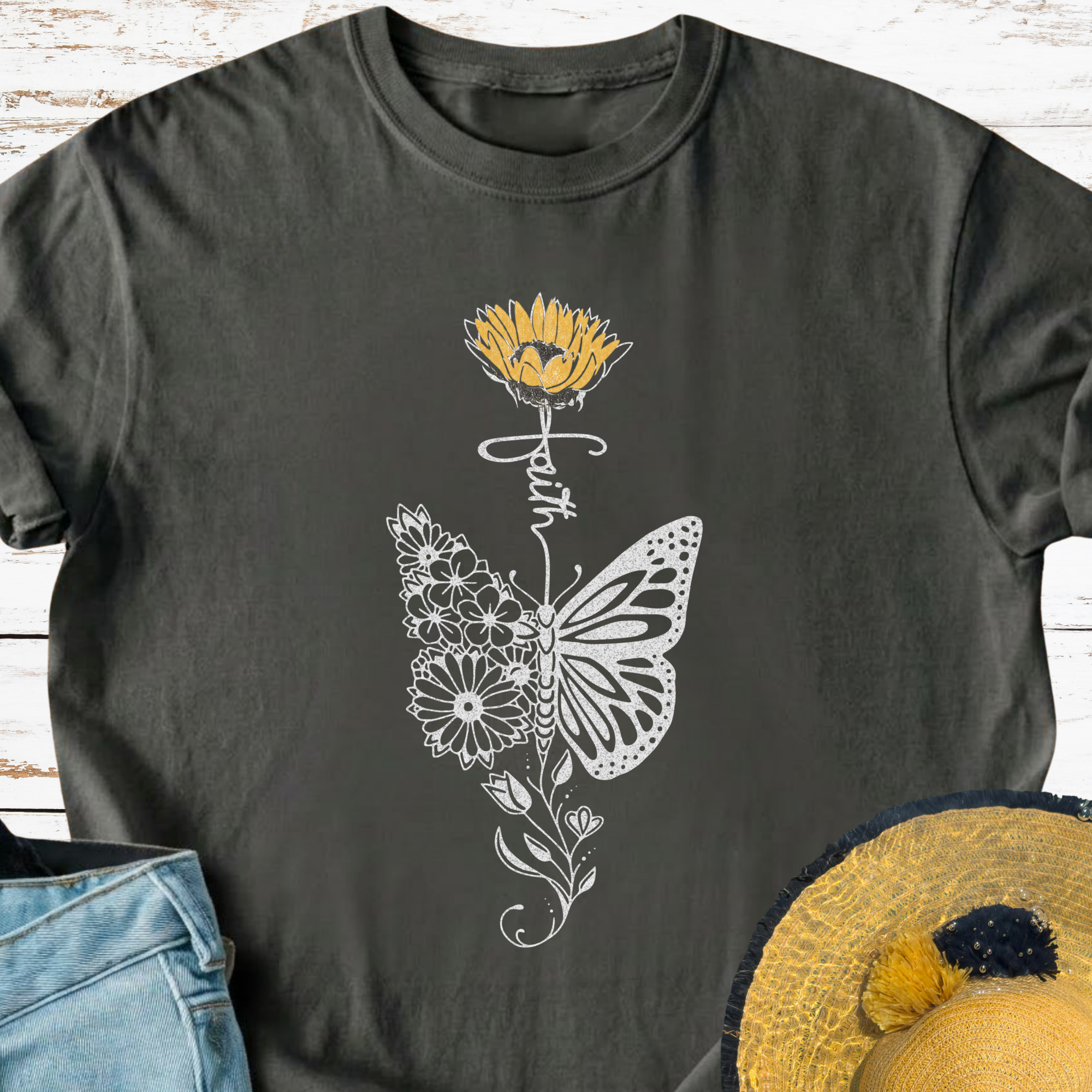 Comfort Colors Vintage Sunflower Butterfly Graphic Tee, Christian Shirt, Faith Cottagecore TShirt, Triche Treasures