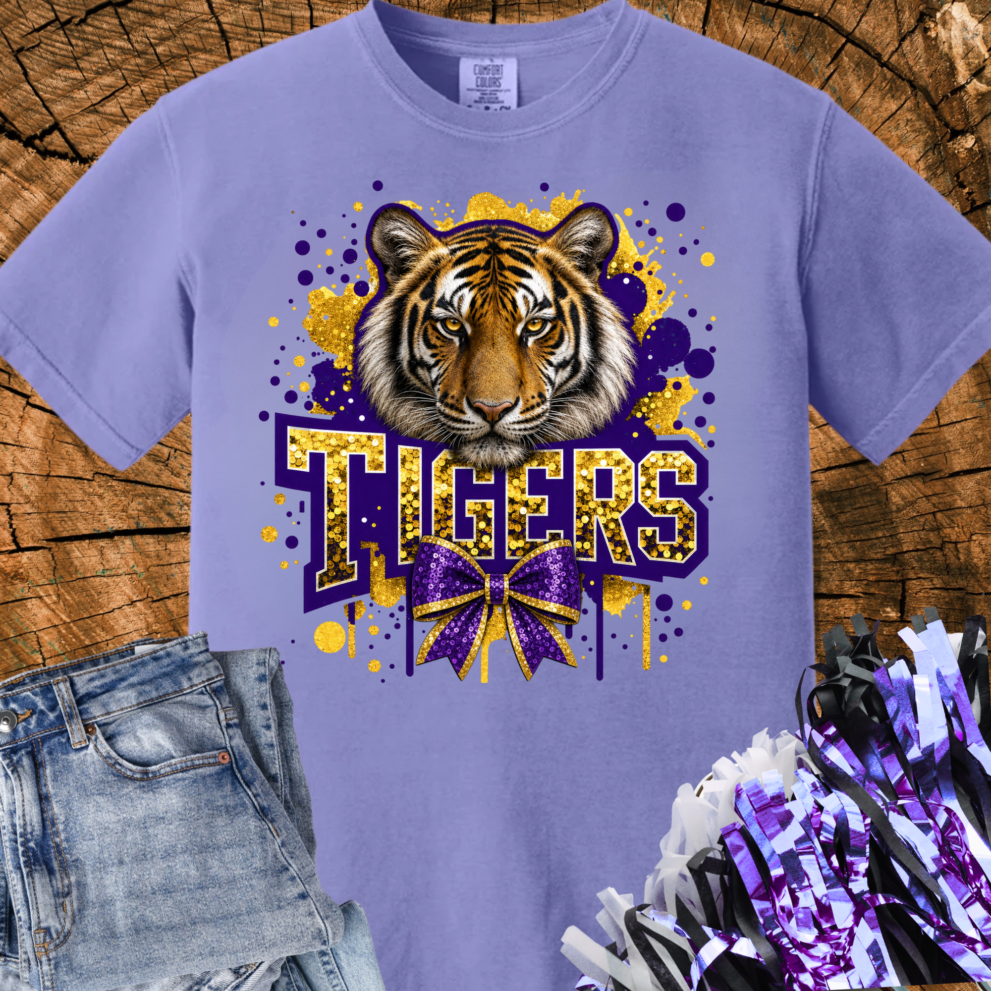 Comfort Colors Tiger Glitter Text Tee for Women, Louisiana College Merch, Purple and Gold Graphic Shirt, Sports Fan Gift, Triche Treasures