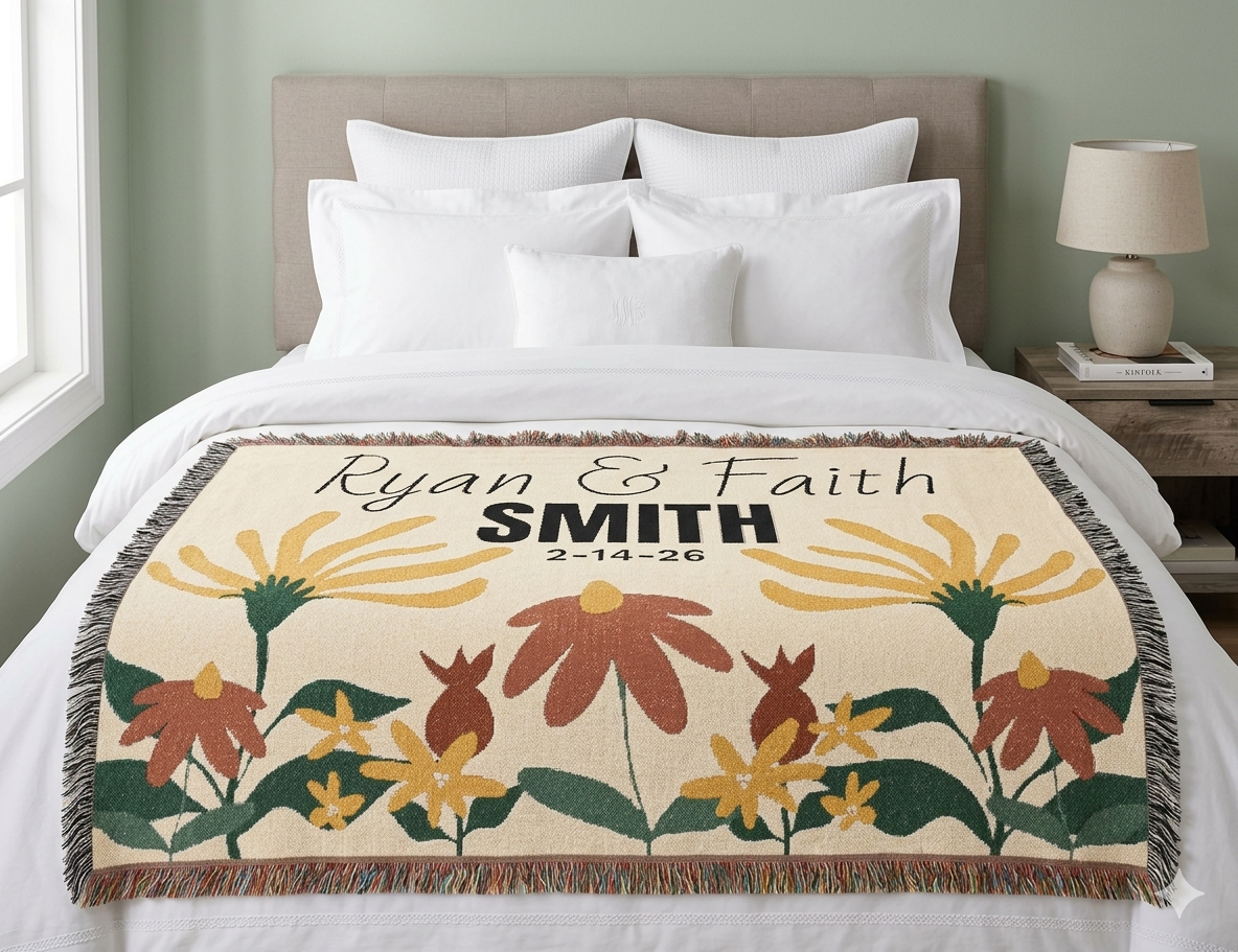 Flower Bouquet Blanket, Wedding Woven Blanket, Cottagecore Wildflower Throw, Daughter in Law Wedding Gift, Fall Style Gift, Triche Treasures – Artwork, 52'' × 37''