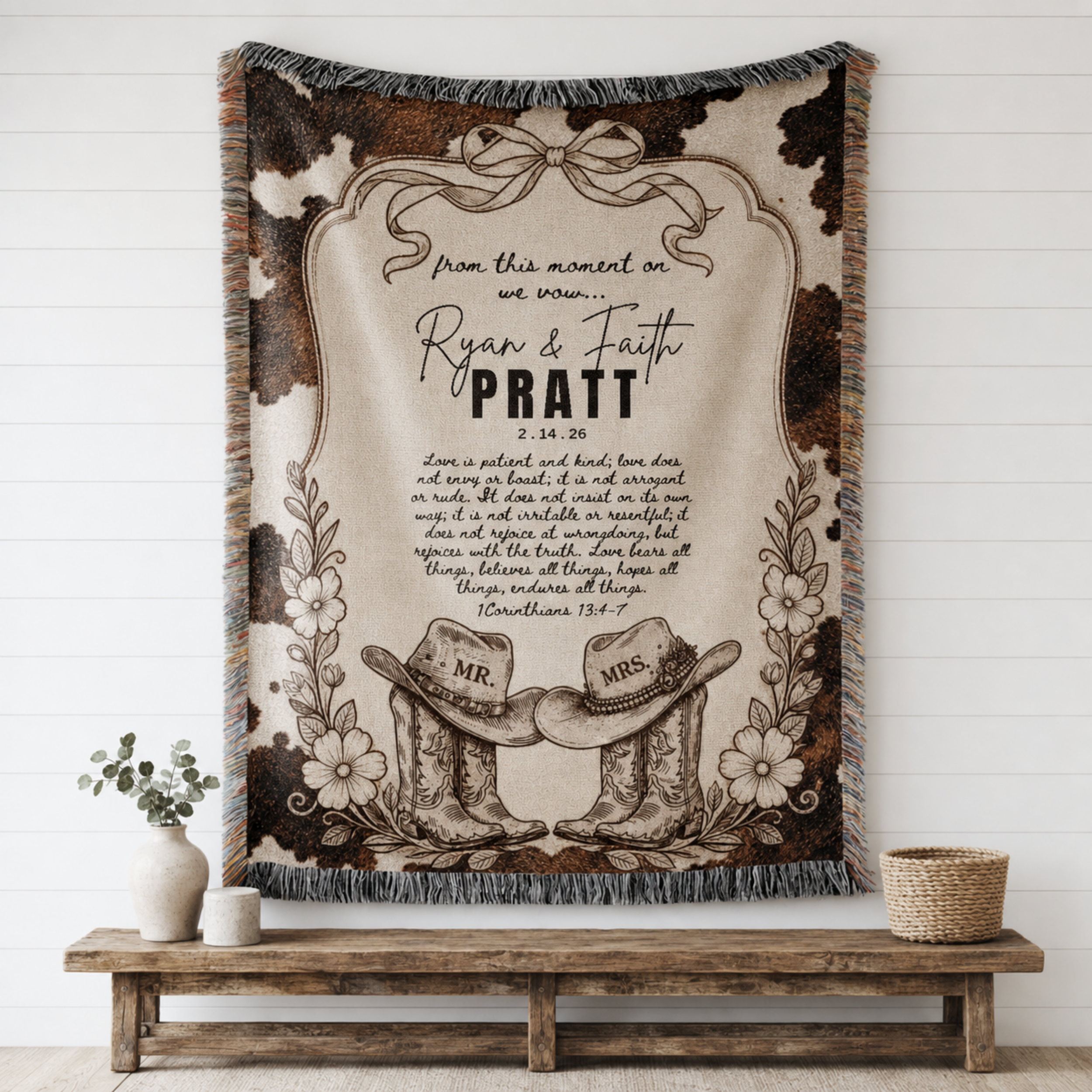 Christian Western Wedding Woven Blanket with Custom Names and Date, Love is Patient Love is Kind Personalized Gift, Triche Treasures