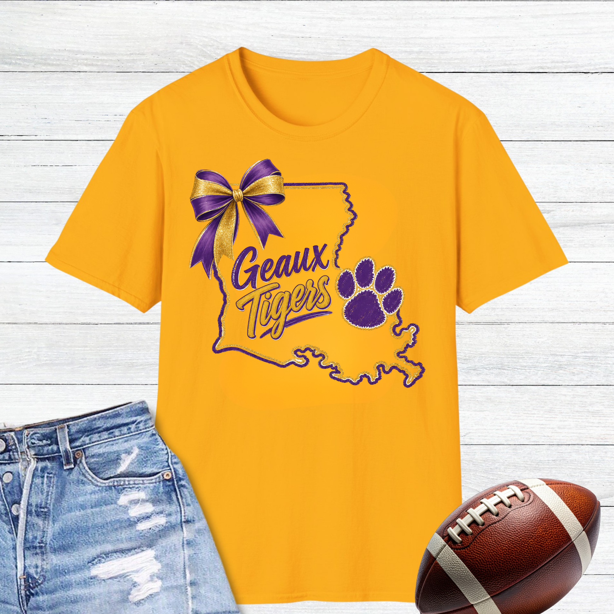 Comfort Colors Louisiana State Geaux Tigers Tee for Women, College Merch, Purple and Gold Bow Shirt, Sports Fan Gift, Triche Treasures