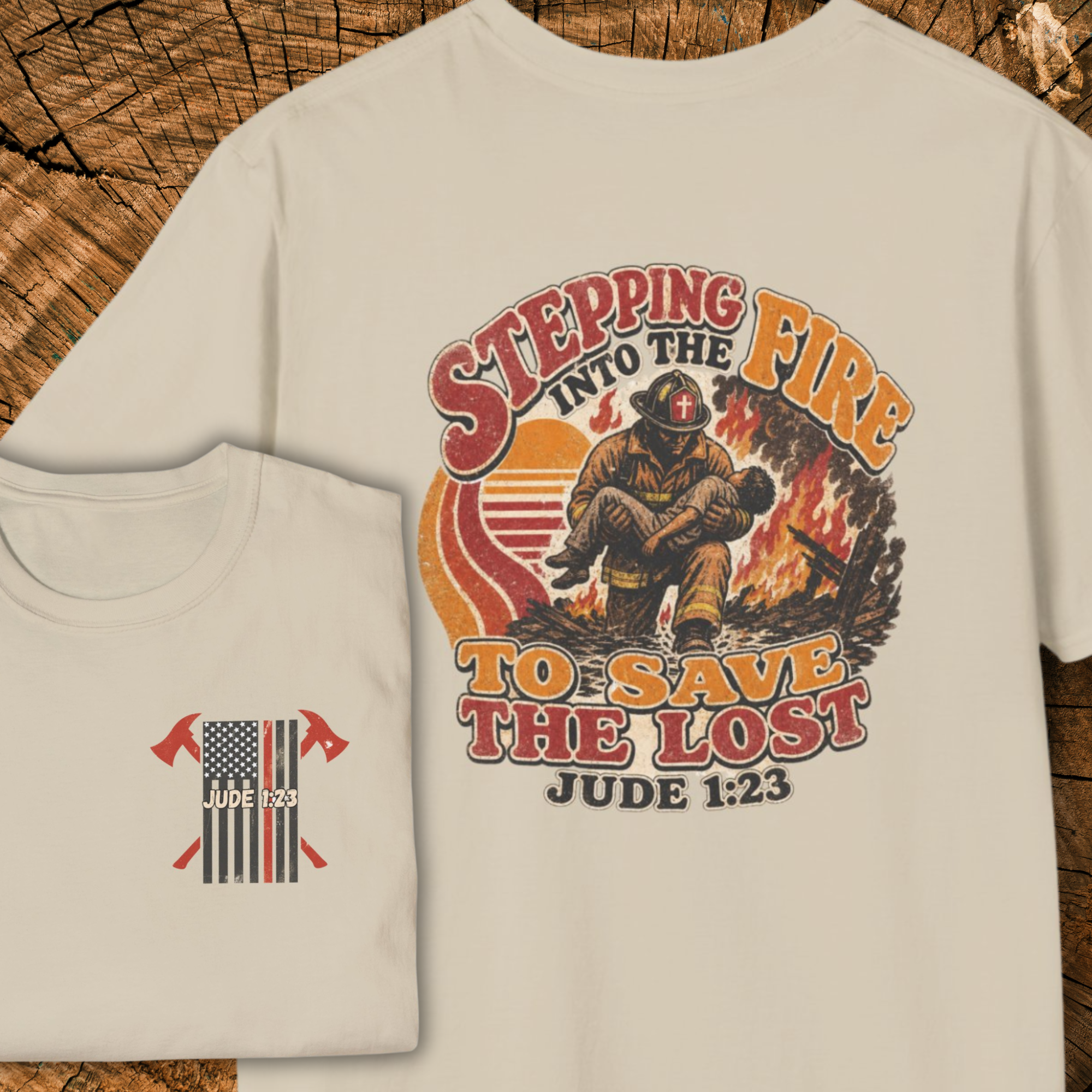 Firefighter Thin Red Line Emblem Shirt | American Flag Stepping Into The Fire To Save The Lost | Jude 1 23 Scripture | Triche Treasures