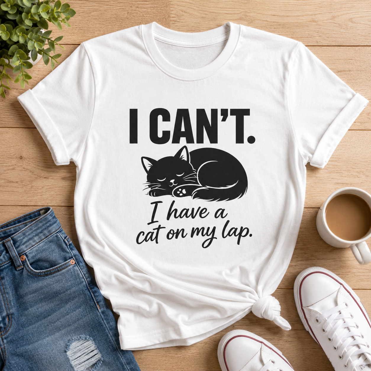 White Miss Clearfoot T-shirt printed with I Can't. I Have a Cat on My Lap