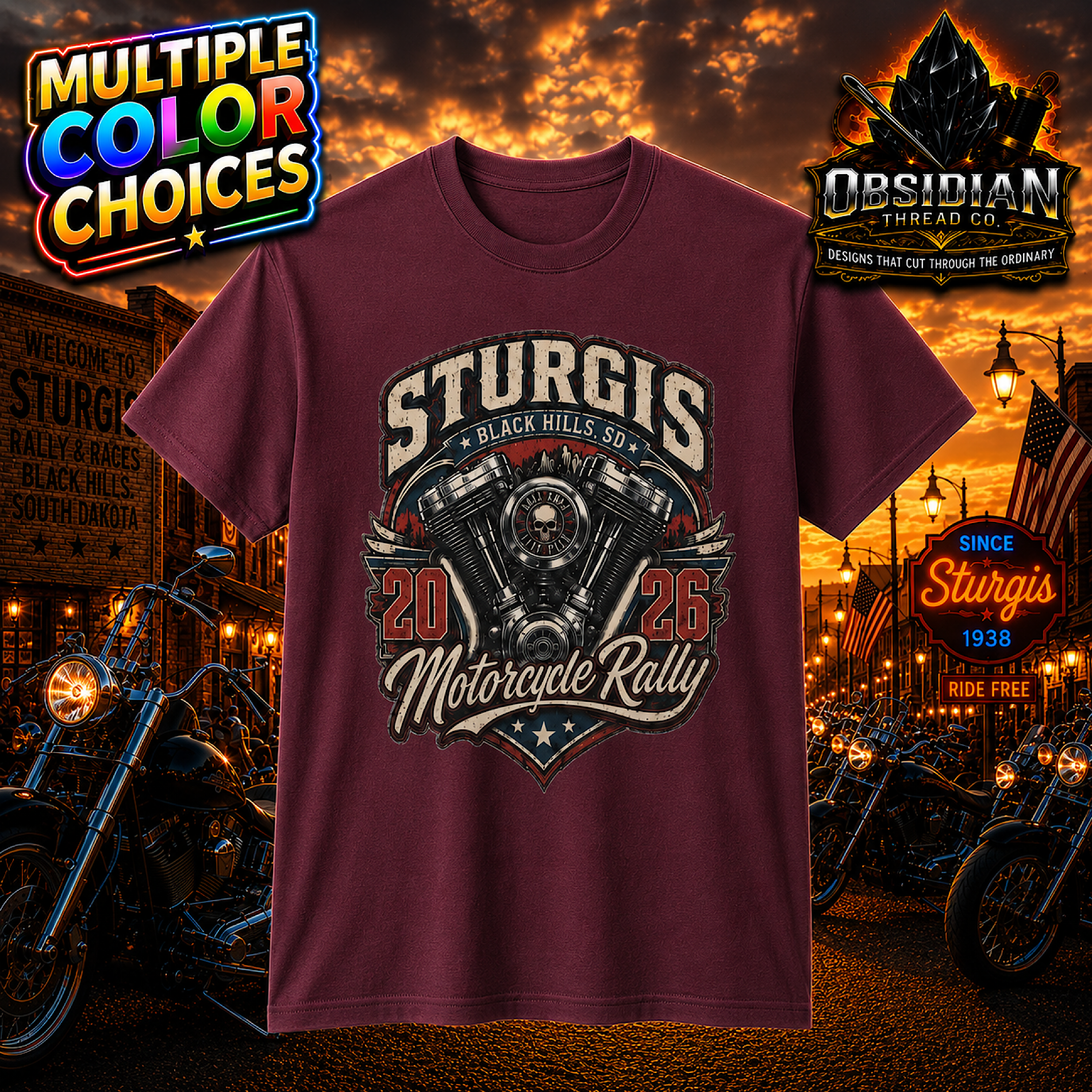 Sturgis 2026 Shirt Motorcycle Rally V Twin Engine Biker Black Hills SD Tee color preview 2