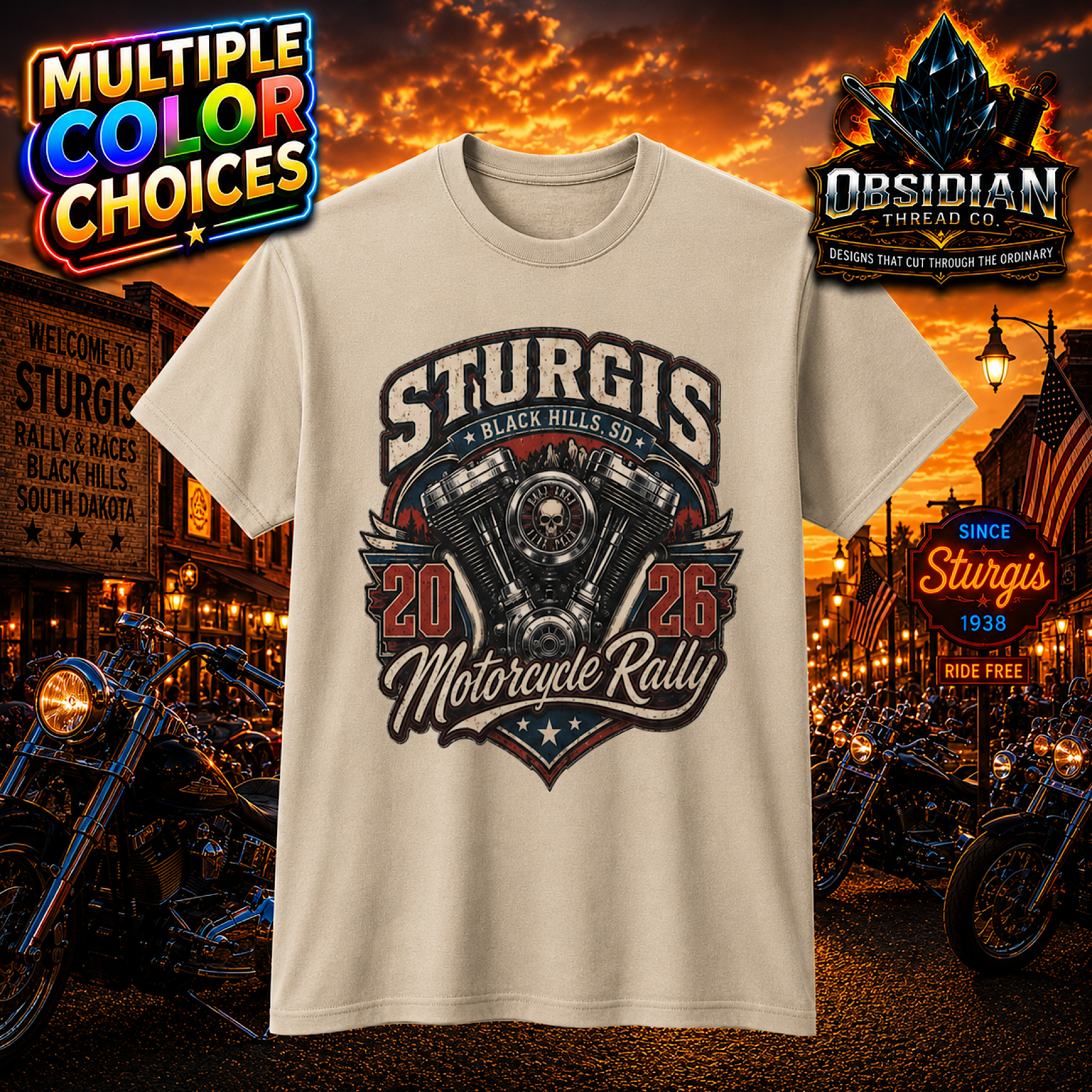 Sturgis 2026 Shirt Motorcycle Rally V Twin Engine Biker Black Hills SD Tee color preview 3