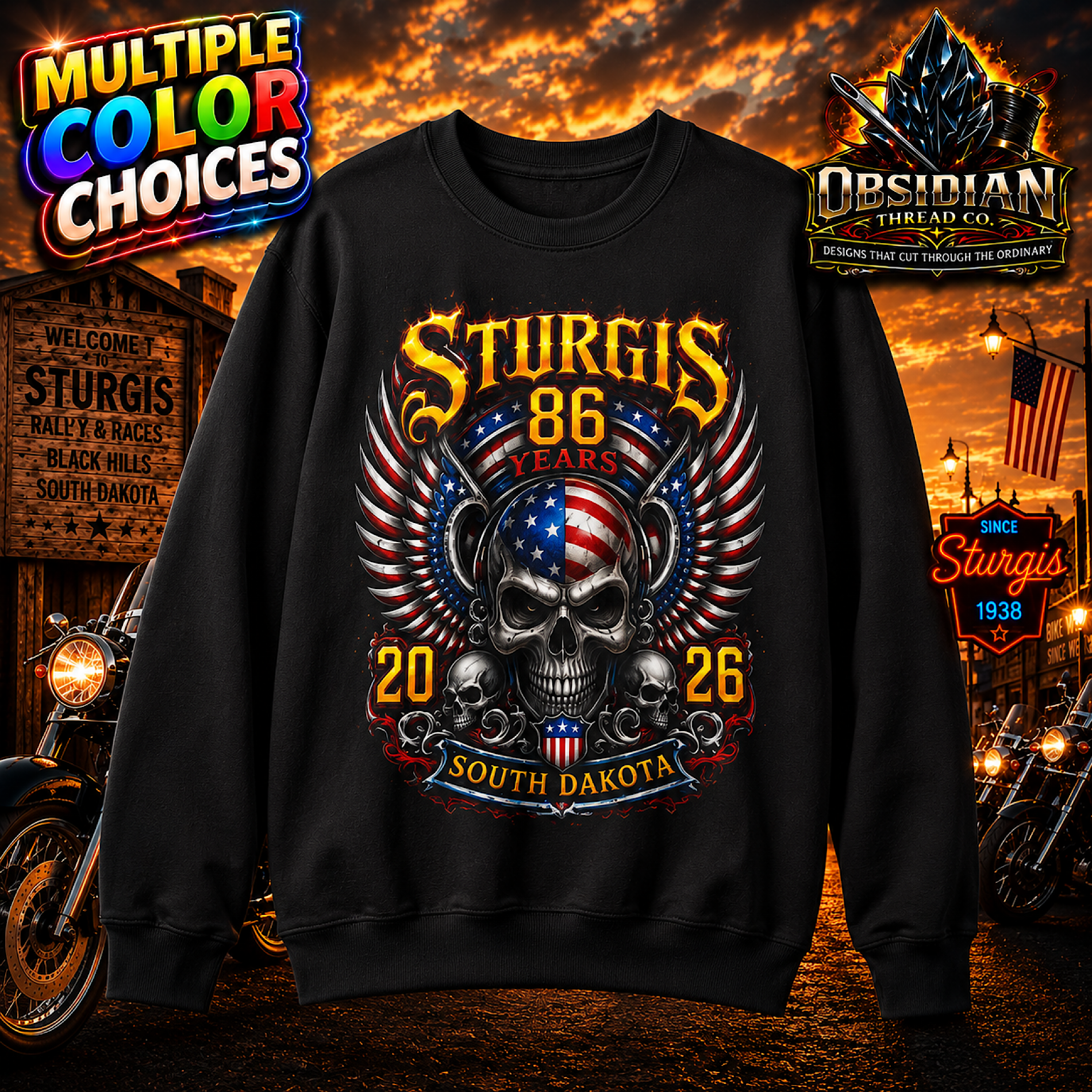 Sturgis 2026 Sweatshirt 86th Motorcycle Rally Bike Week Skull Biker No Harley artwork detail