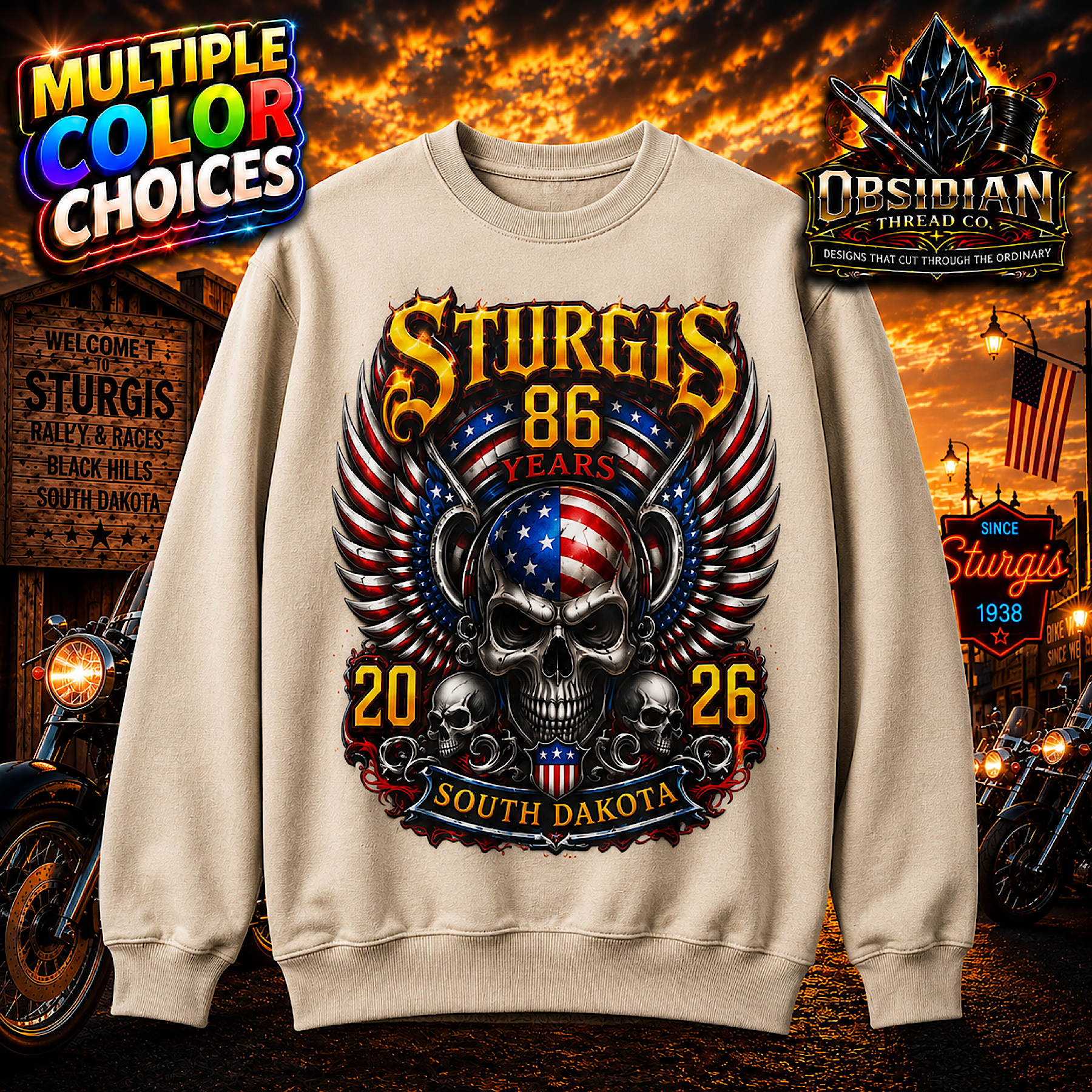 Sturgis 2026 Sweatshirt 86th Motorcycle Rally Bike Week Skull Biker No Harley color preview 3
