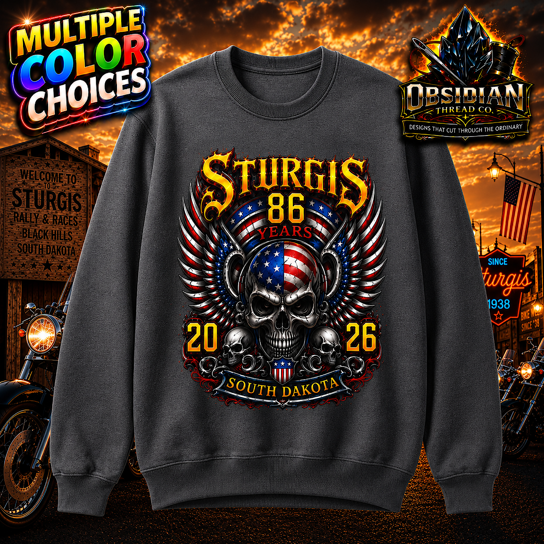 Sturgis 2026 Sweatshirt 86th Motorcycle Rally Bike Week Skull Biker No Harley color preview 2