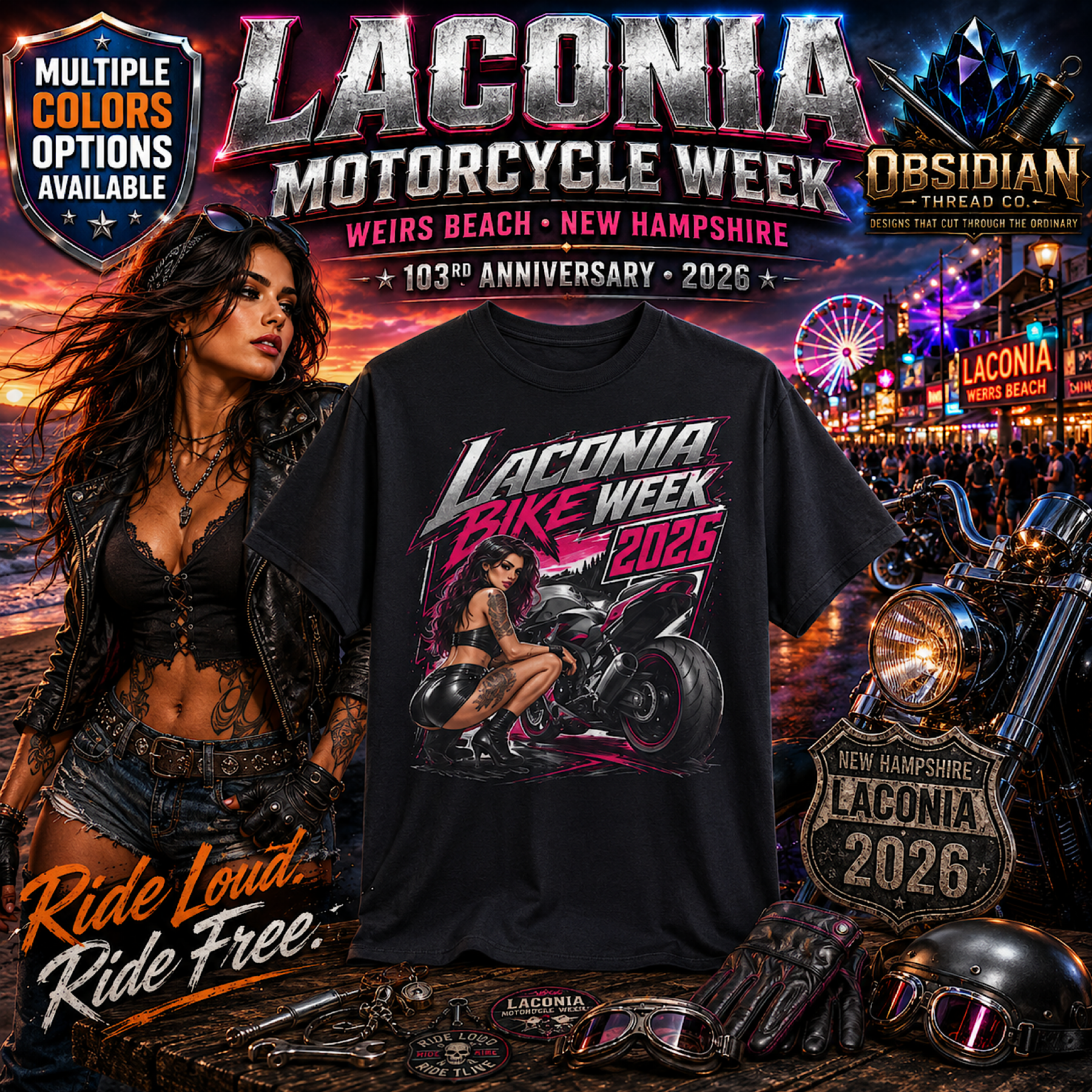 Laconia Bike Week 2026 Shirt 103rd Weirs Beach NH Motorcycle Tee No Harley artwork detail