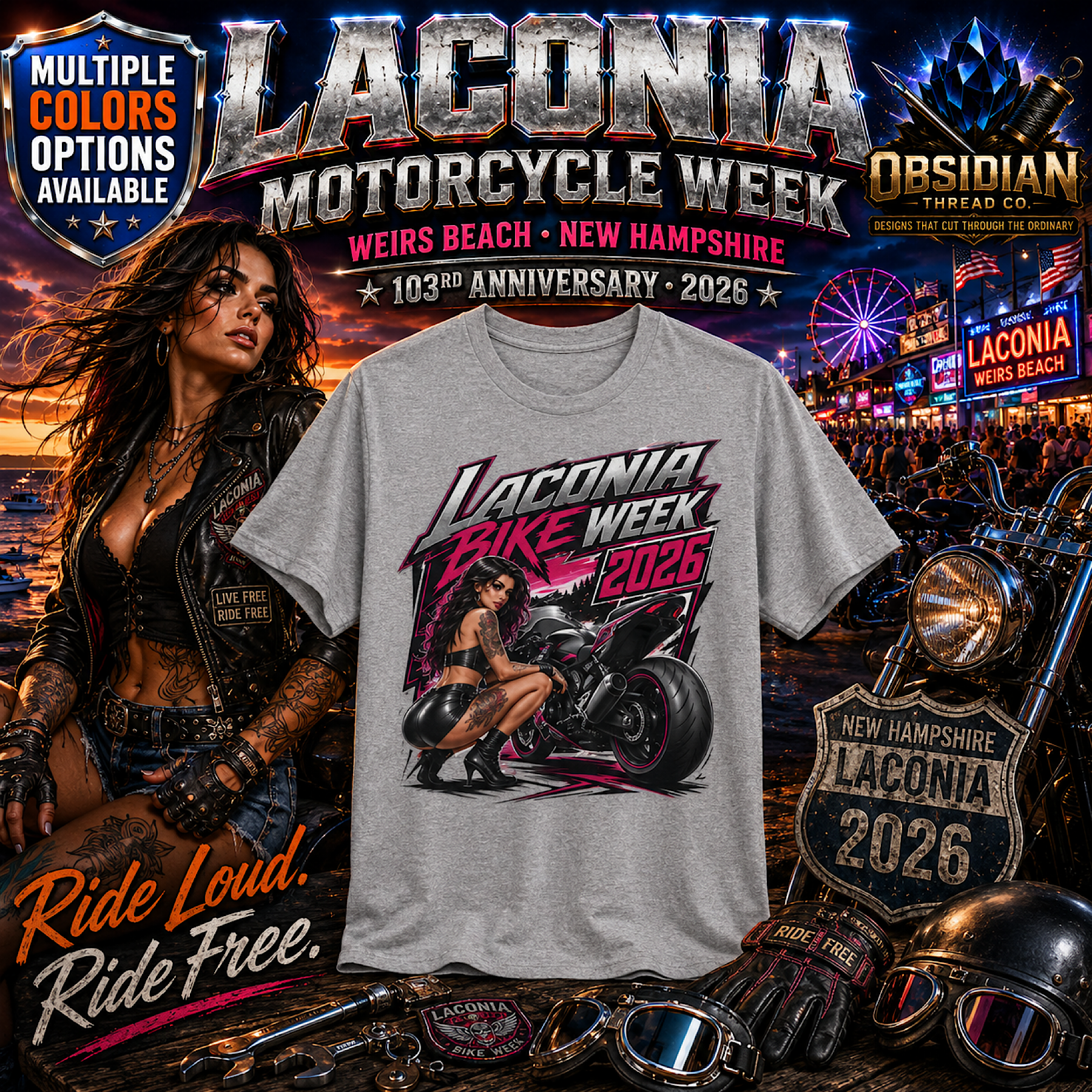 Laconia Bike Week 2026 Shirt 103rd Weirs Beach NH Motorcycle Tee No Harley color preview 2