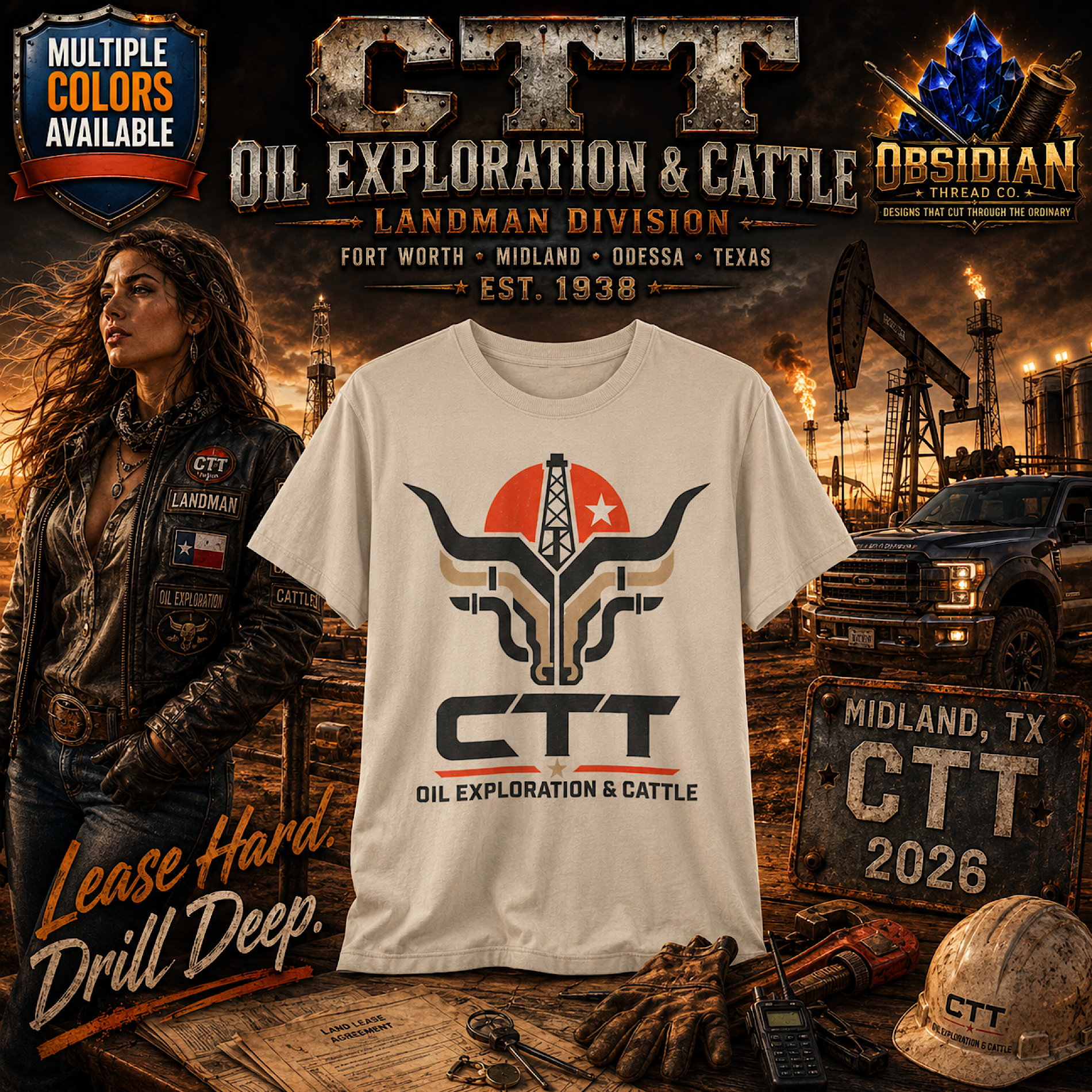 CTT Oil Exploration & Cattle M-Tex Oil Company Landman Patch Graphic T-Shirt color preview 4