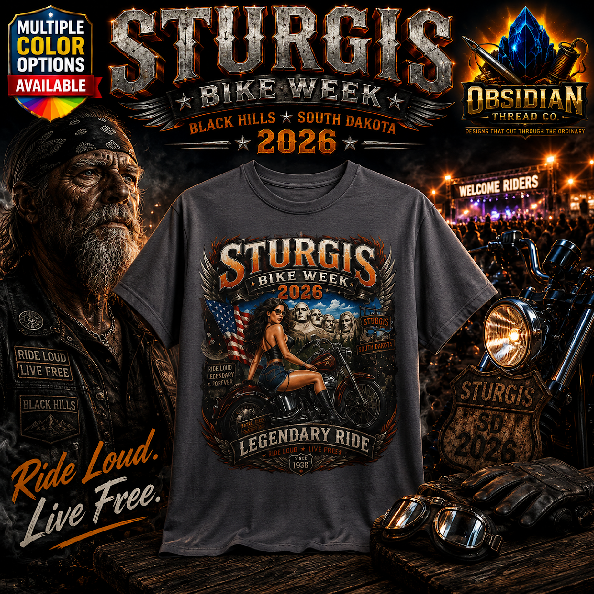 Sturgis Bike Week 2026 Black Hills Legendary Motorcycle Rally T-Shirt No Harley artwork detail