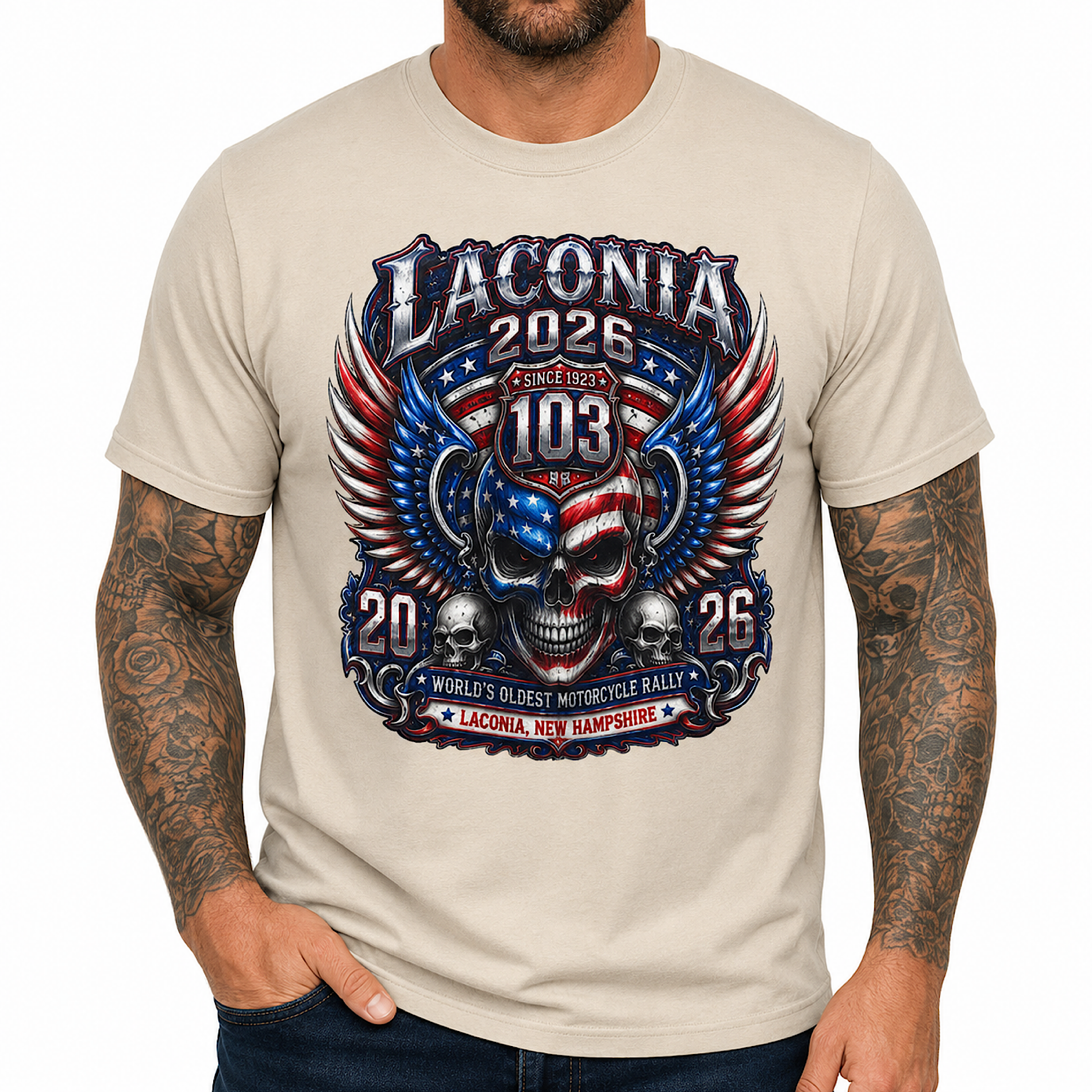 Laconia Bike Week 2026 Shirt 103rd Weirs Beach NH Biker Skull Tee No Harley color preview 4