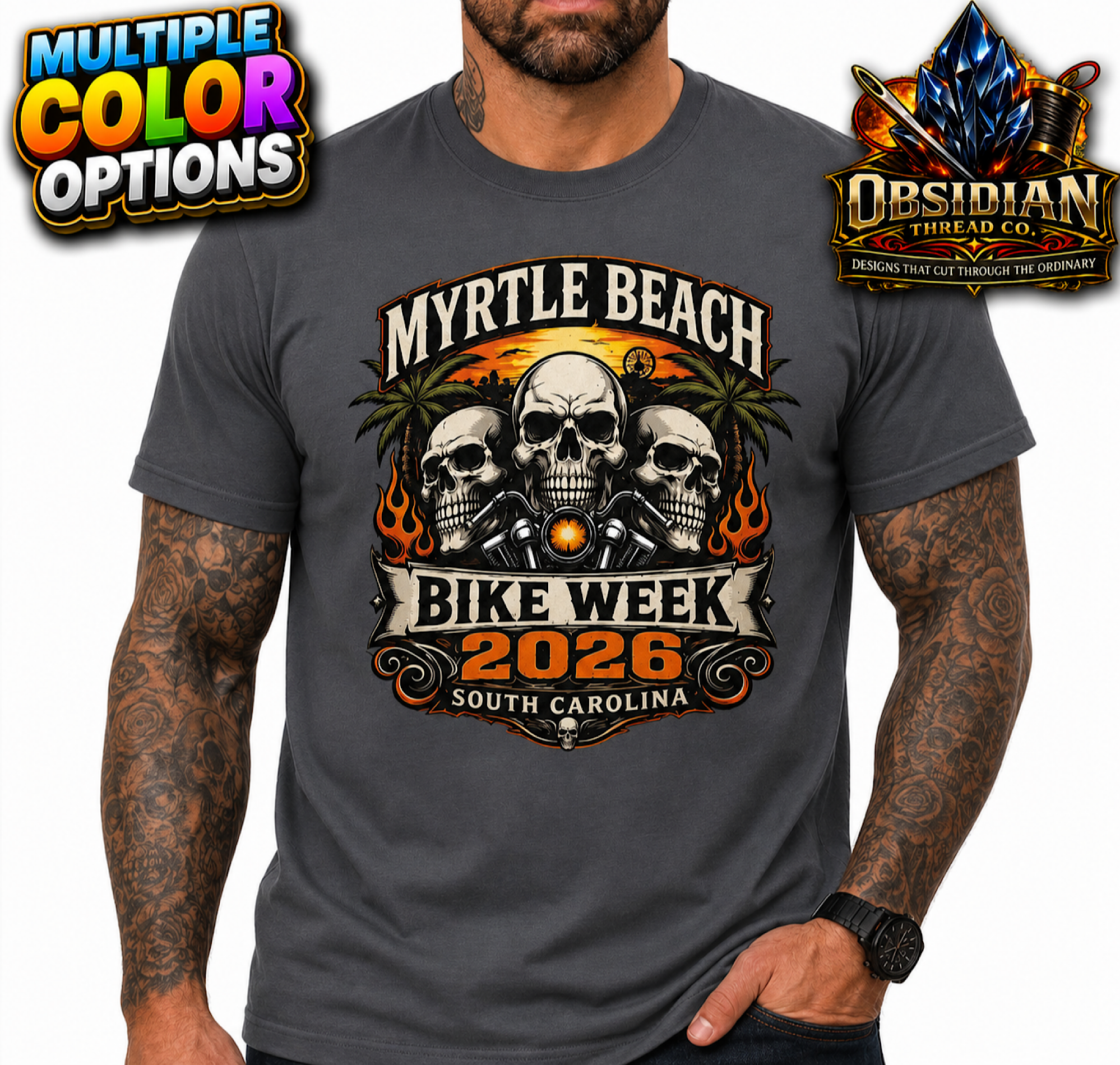 Myrtle Beach Bike Week 2026 Shirt Skull Biker Motorcycle Rally SC No Harley color preview 2