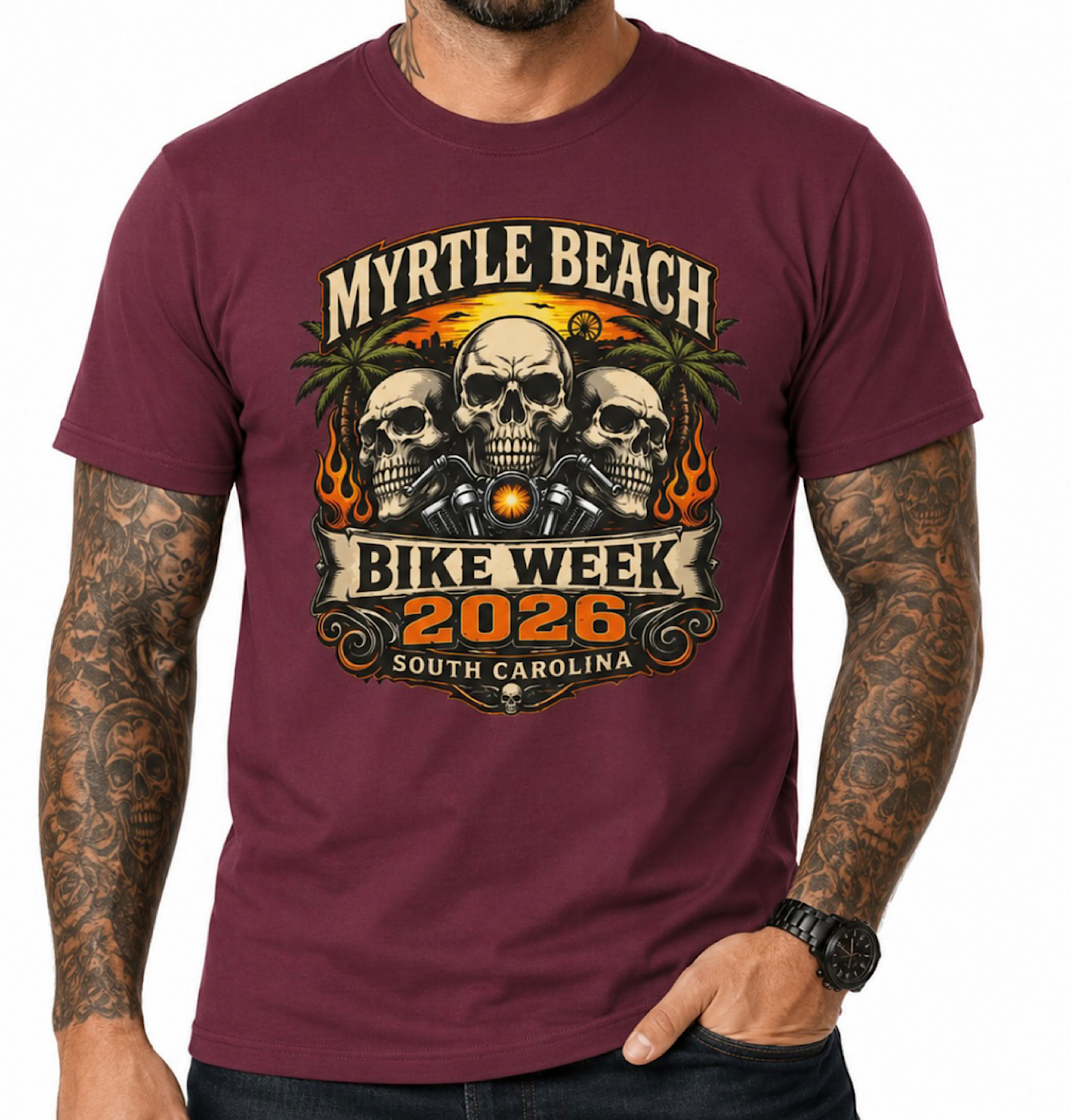 Myrtle Beach Bike Week 2026 Shirt Skull Biker Motorcycle Rally SC No Harley color preview 3