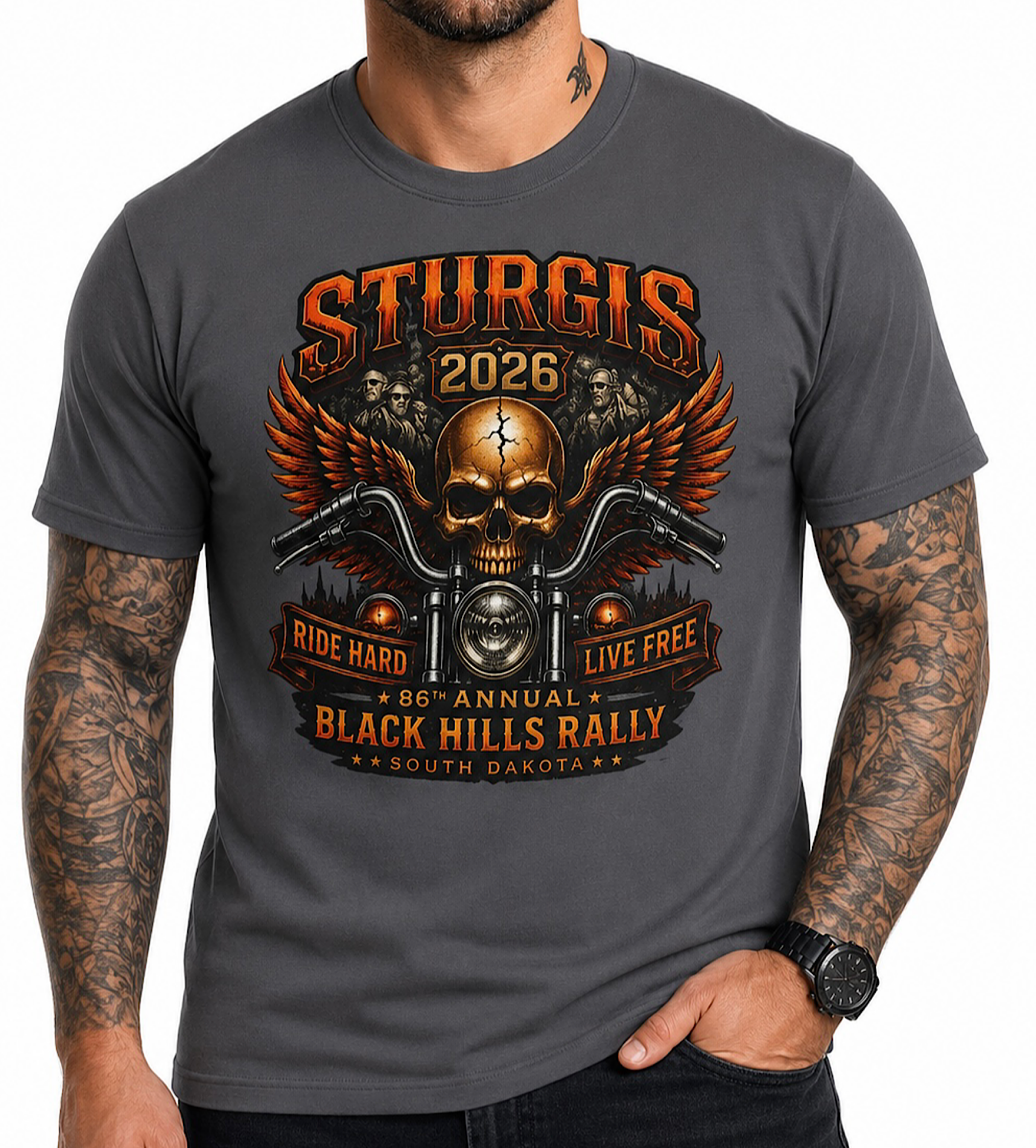 Sturgis 2026 86th Black Hills Rally Skull Motorcycle Biker T-Shirt No Harley color preview 2