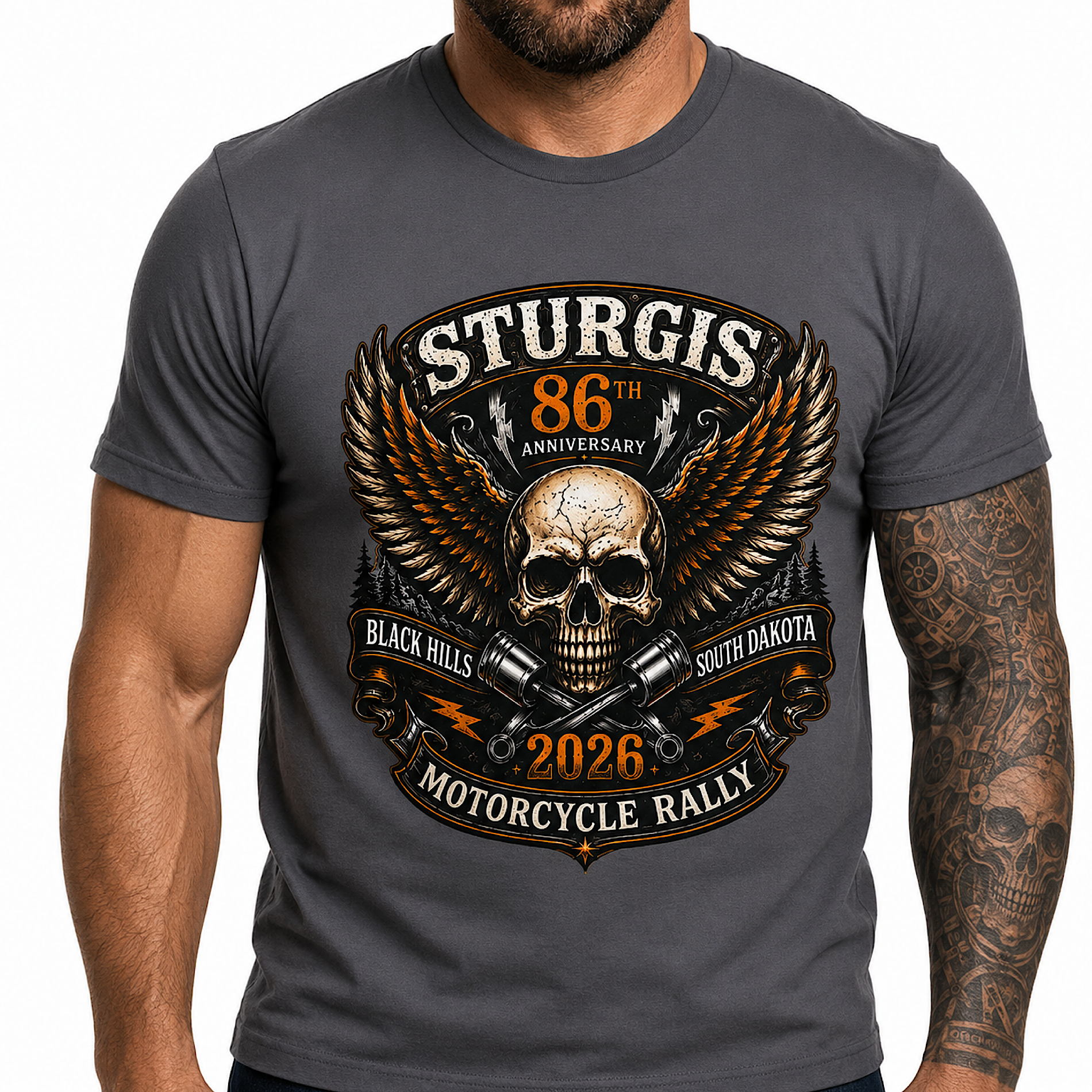 Sturgis 2026 86th Anniversary Black Hills SD Motorcycle Skull T-Shirt No Harley color preview 2