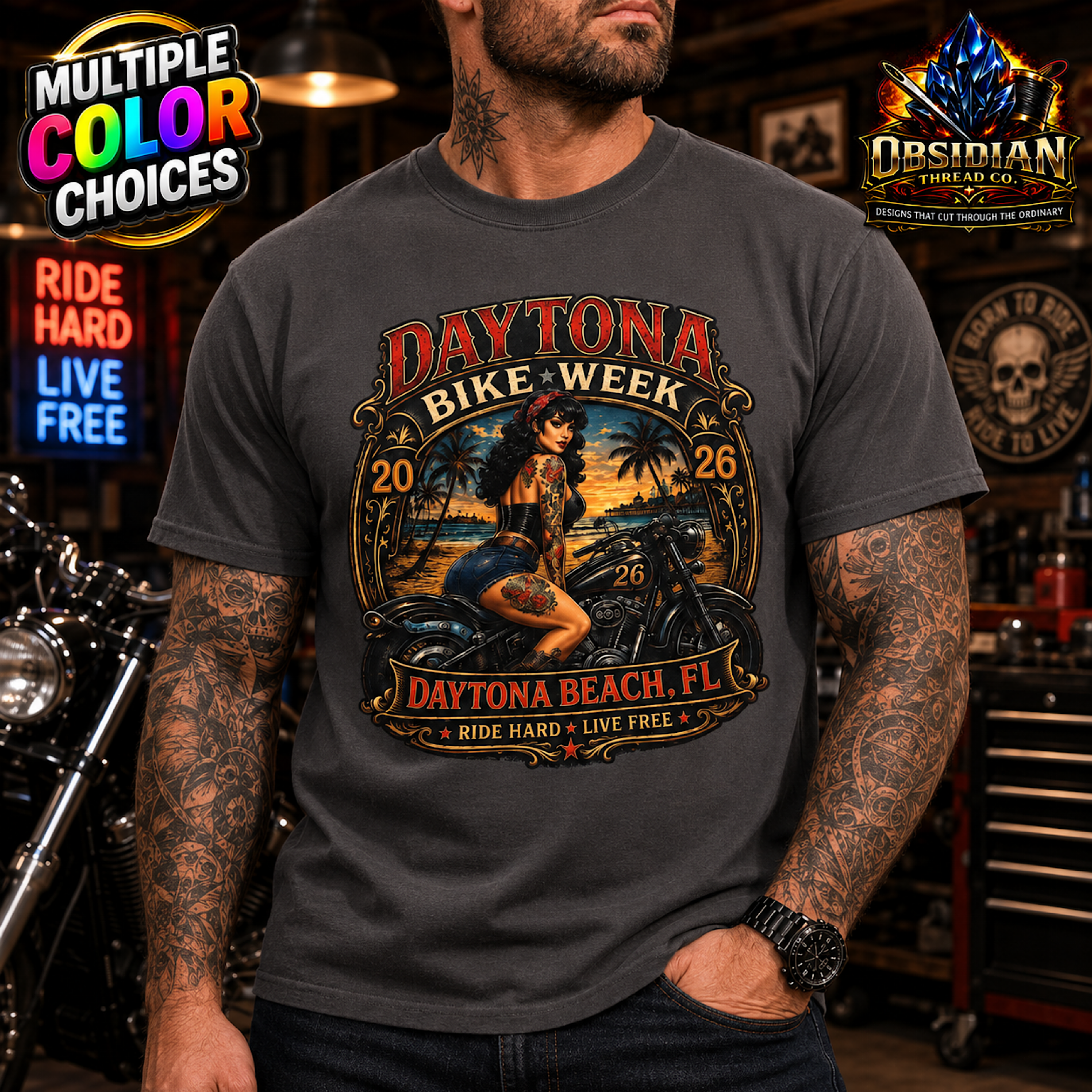 Daytona Bike Week 2026 Daytona Beach FL Pinup Motorcycle Rally T-Shirt No Harley color preview 3