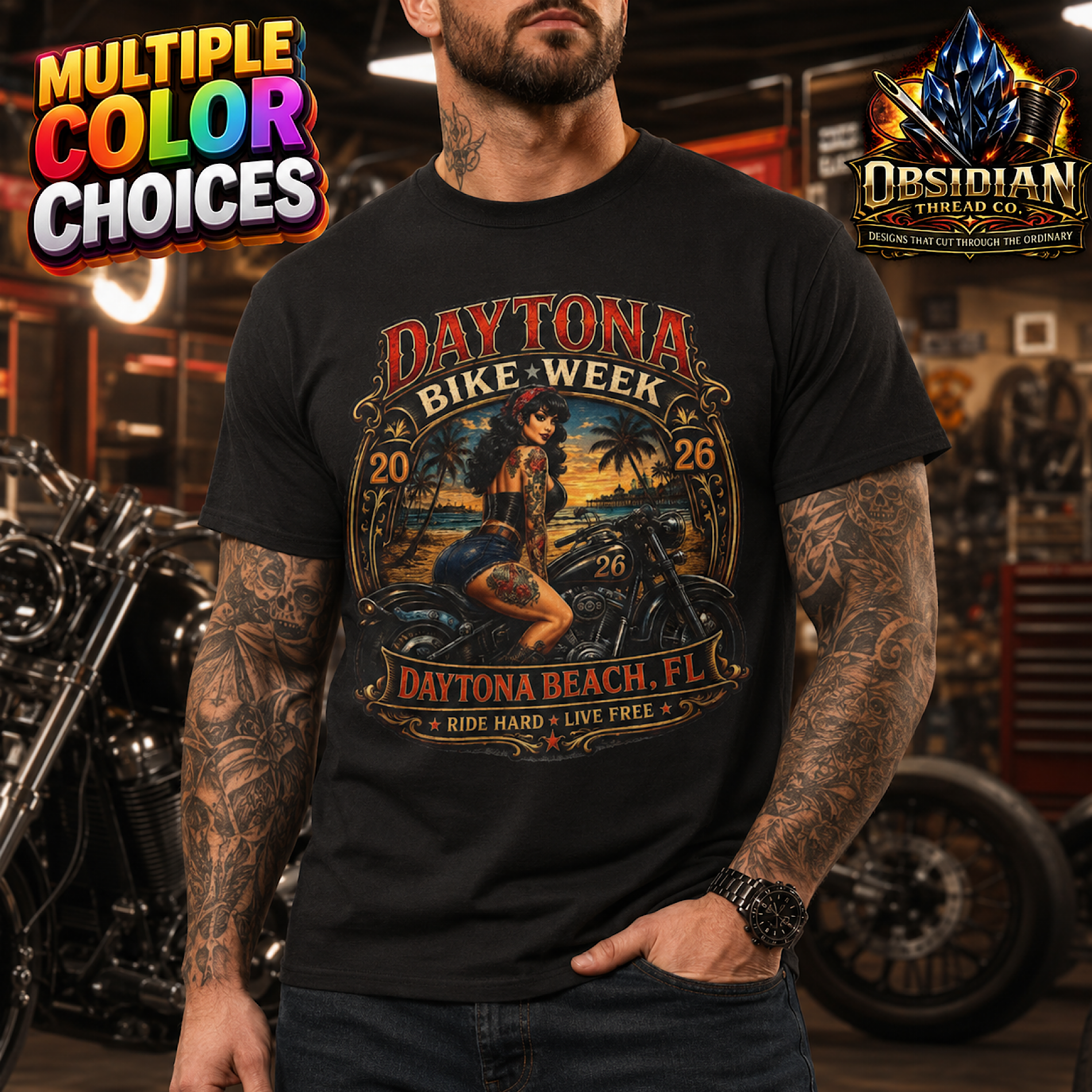 Daytona Bike Week 2026 Daytona Beach FL Pinup Motorcycle Rally T-Shirt No Harley color preview 4