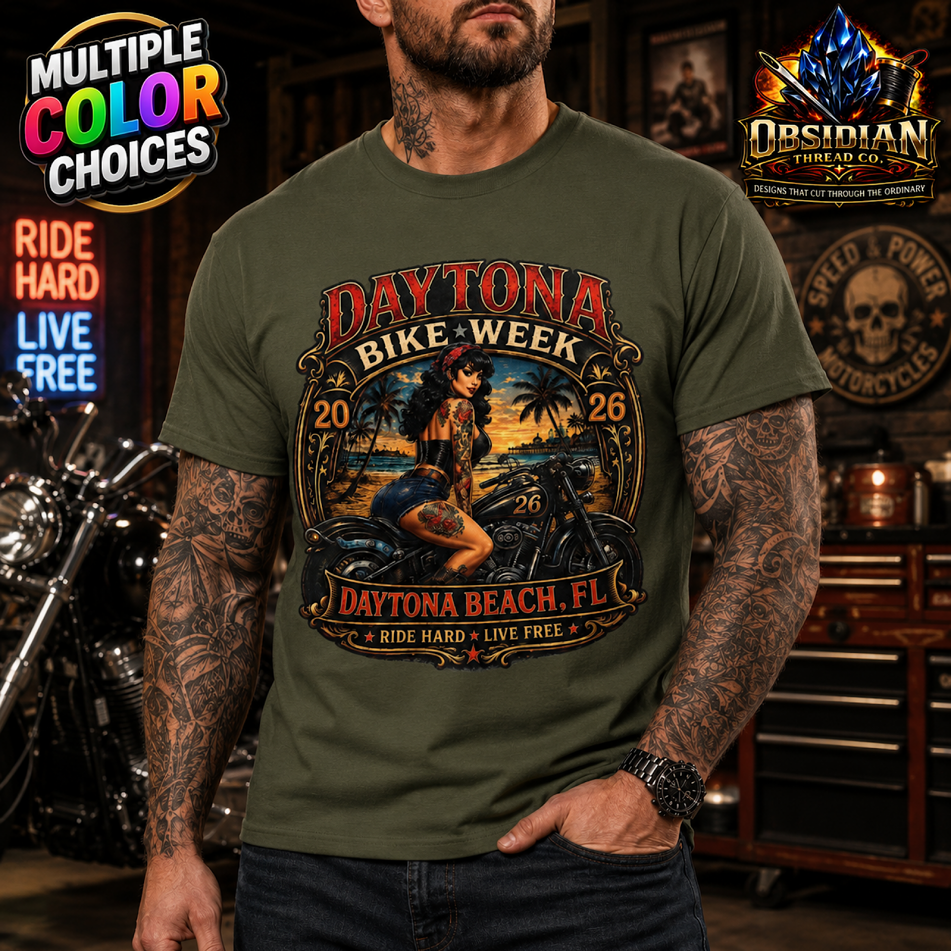 Daytona Bike Week 2026 Daytona Beach FL Pinup Motorcycle Rally T-Shirt No Harley color preview 2