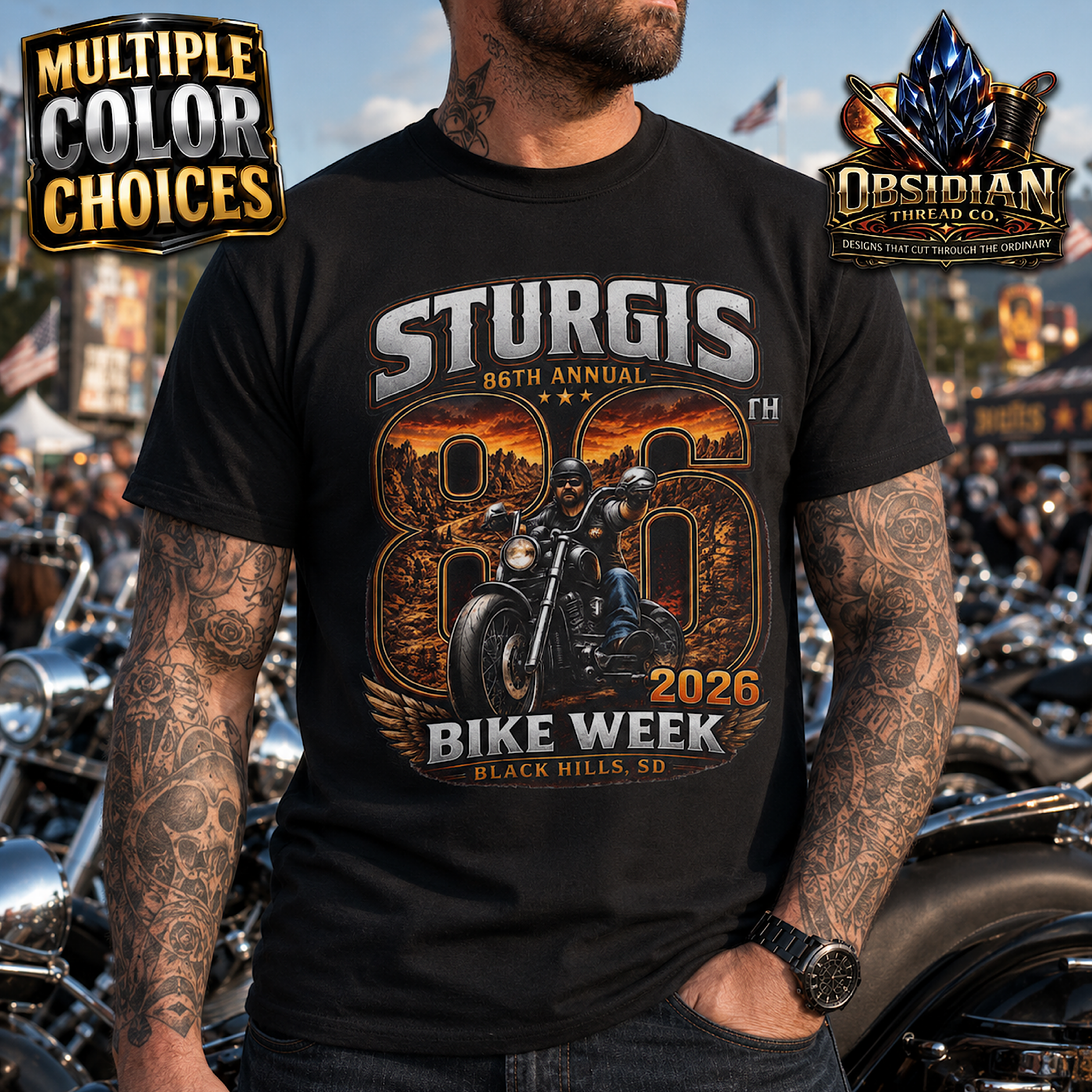 Sturgis Bike Week 2026 86th Annual Black Hills Motorcycle Rally Shirt No Harley artwork detail