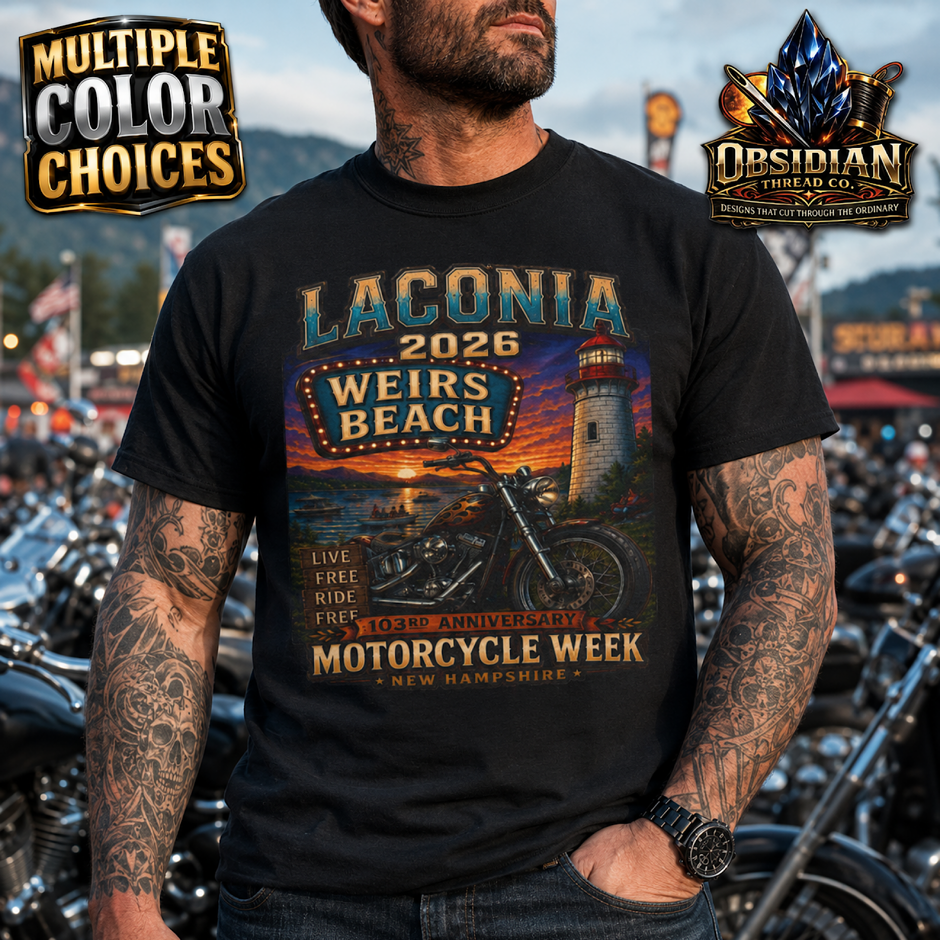 Laconia Bike Week 2026 Weirs Beach NH Motorcycle Rally T-Shirt No Harley color preview 4