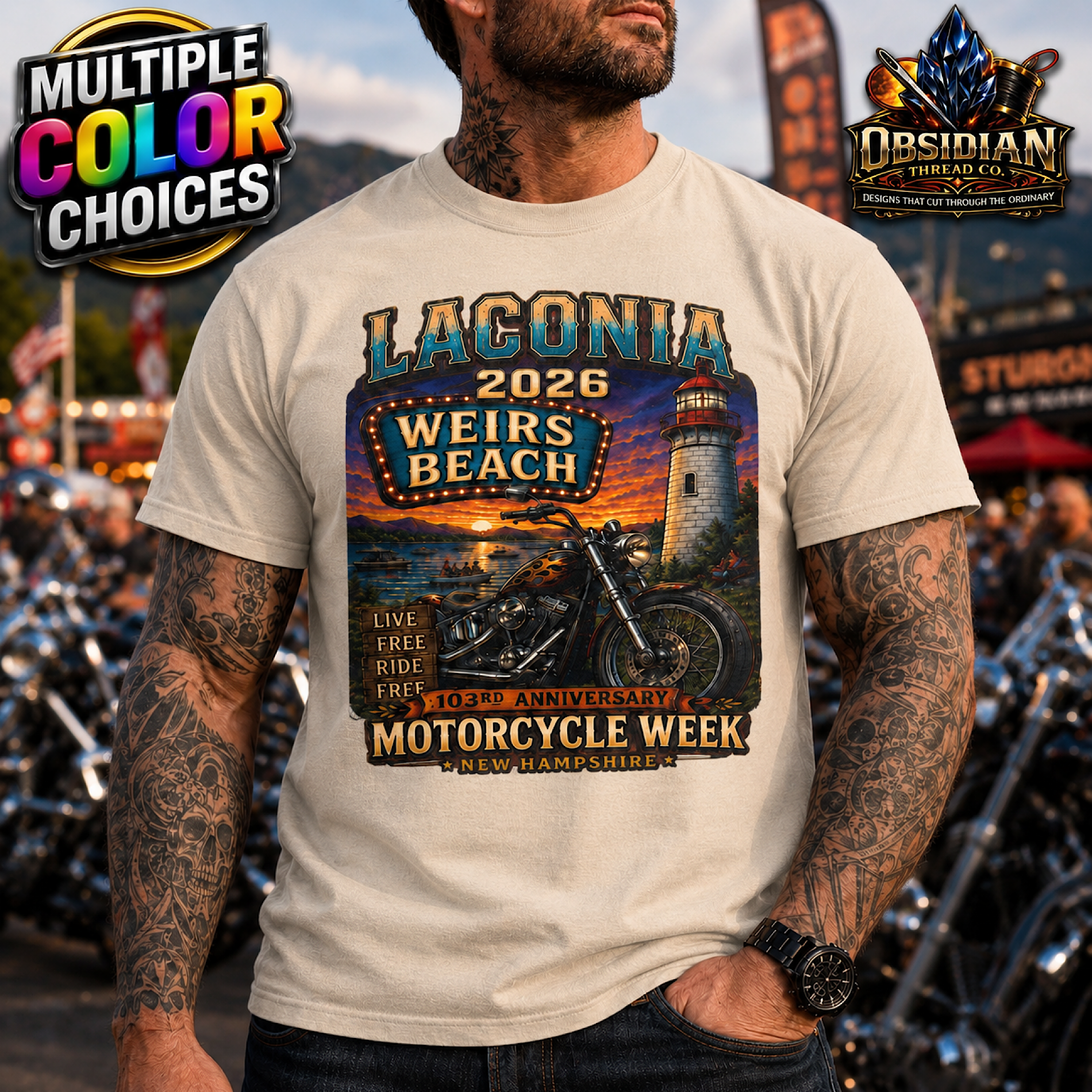 Laconia Bike Week 2026 Weirs Beach NH Motorcycle Rally T-Shirt No Harley color preview 3