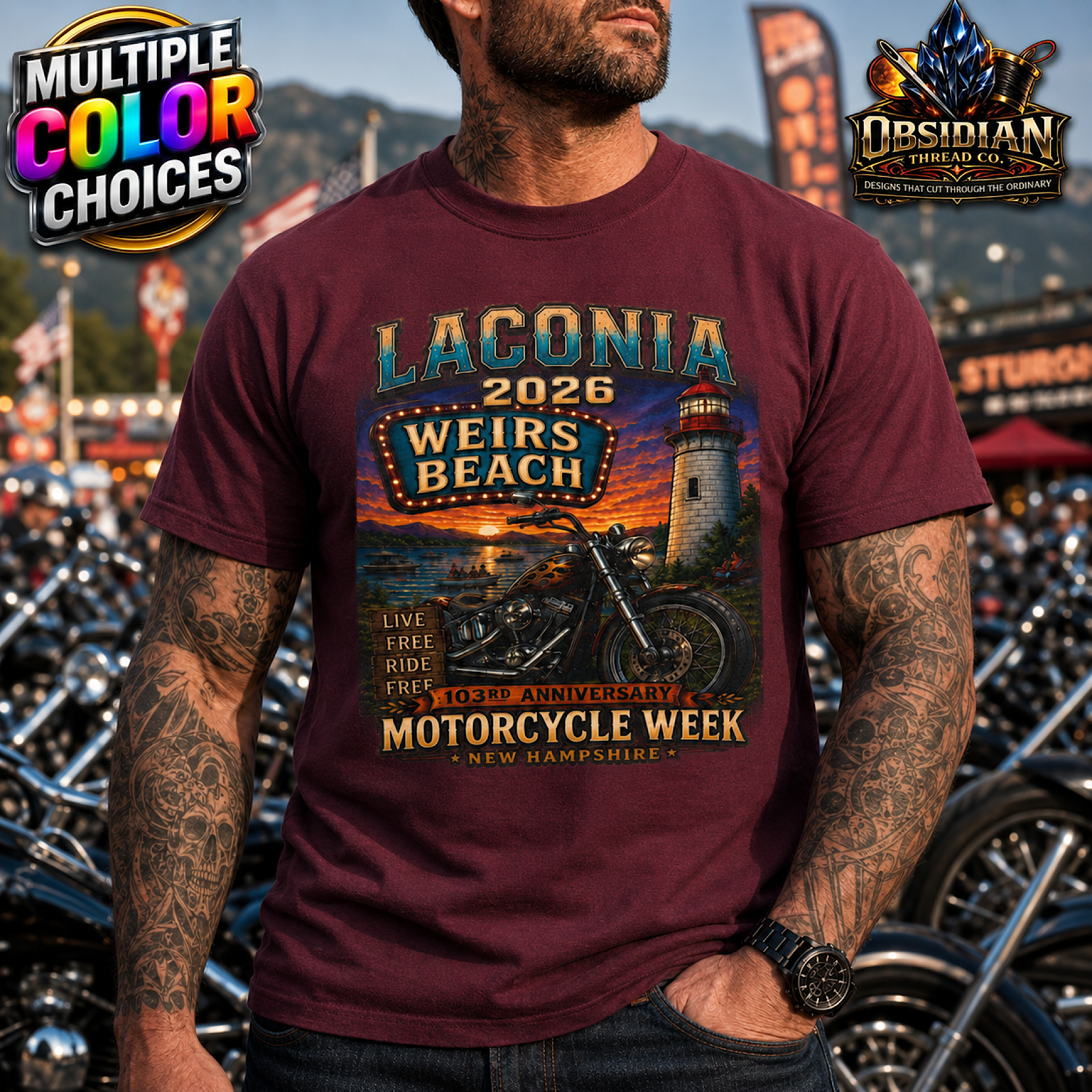 Laconia Bike Week 2026 Weirs Beach NH Motorcycle Rally T-Shirt No Harley color preview 2