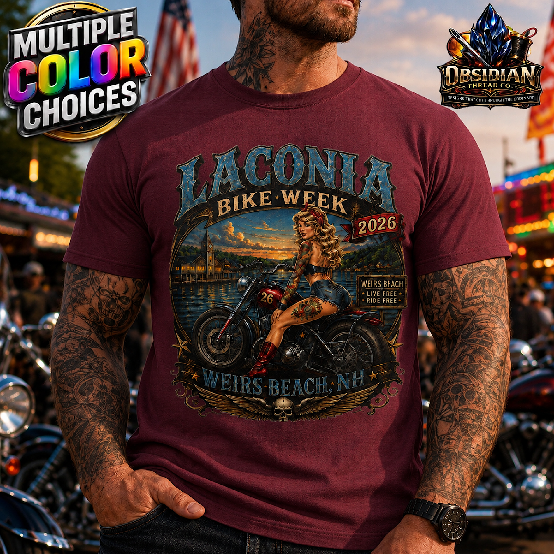 Laconia Bike Week 2026 Shirt Weirs Beach NH Pin Up Biker Motorcycle No Harley color preview 2