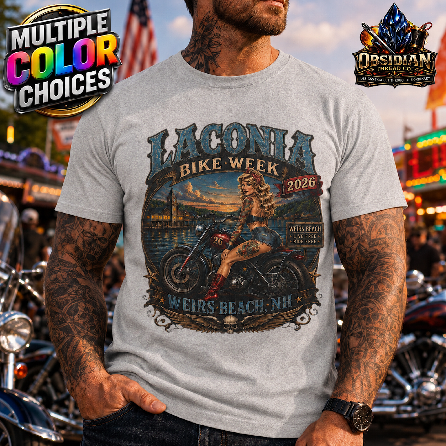 Laconia Bike Week 2026 Shirt Weirs Beach NH Pin Up Biker Motorcycle No Harley color preview 4