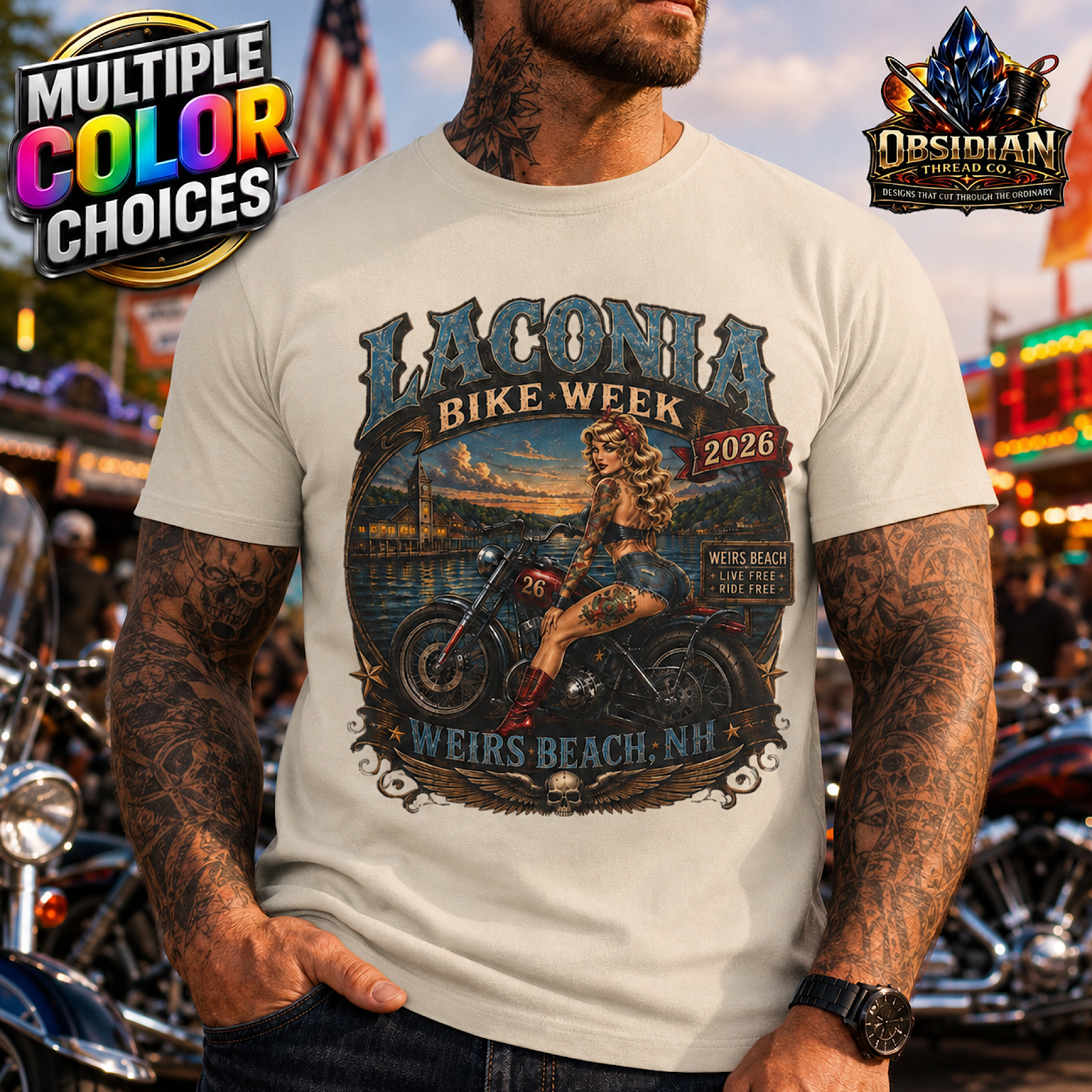 Laconia Bike Week 2026 Shirt Weirs Beach NH Pin Up Biker Motorcycle No Harley color preview 3