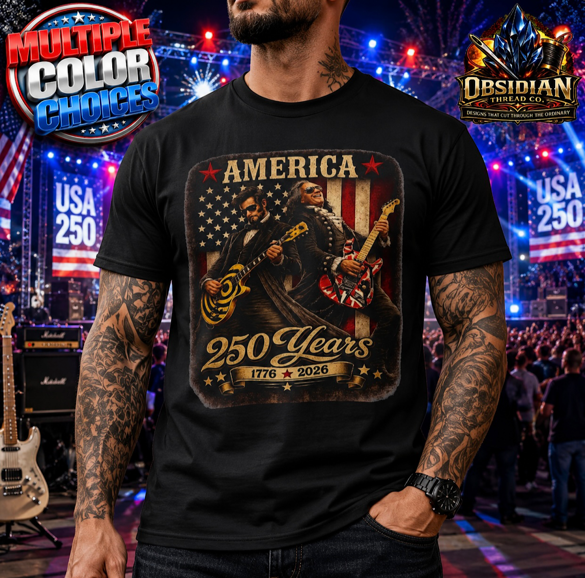 America 250 Years 1776 Lincoln Playing Electric Guitar USA Shirt Freedom Tee color preview 2