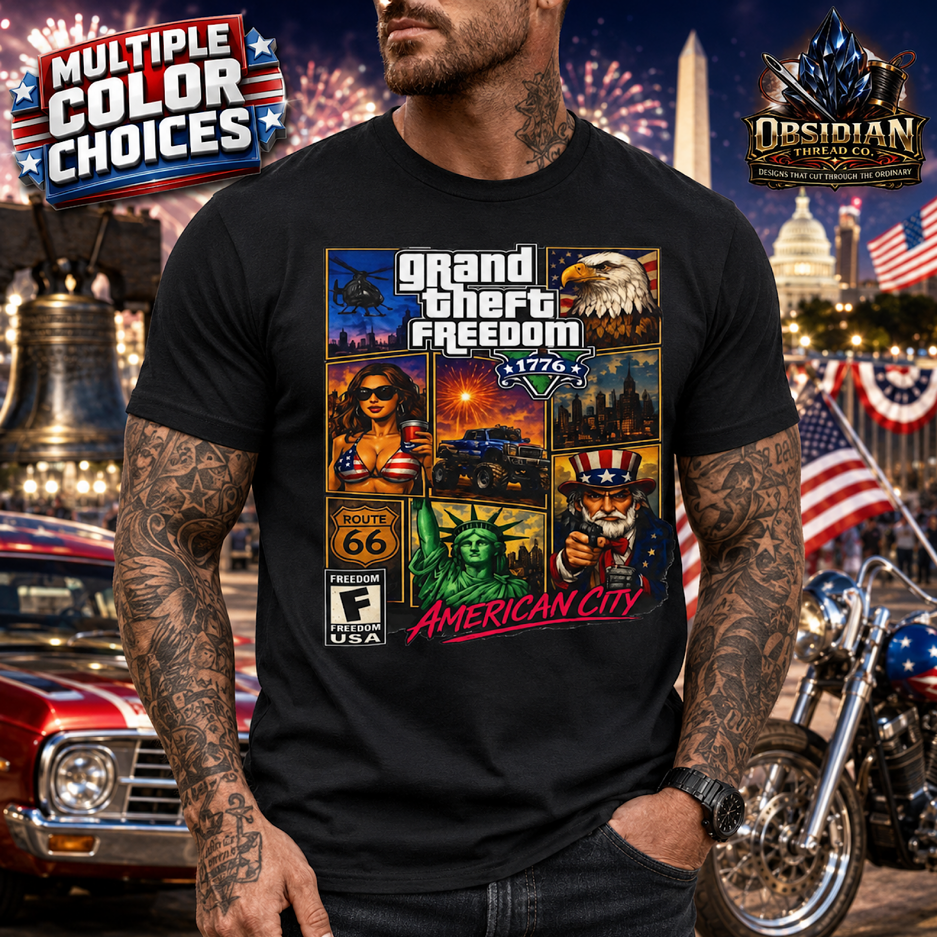 American City 1776 Shirt Freedom 250th Patriotic Video Game Poster USA Tee color preview 3
