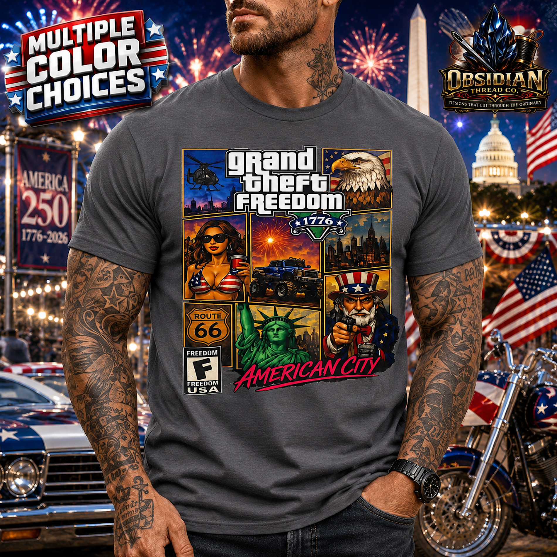 American City 1776 Shirt Freedom 250th Patriotic Video Game Poster USA Tee color preview 2