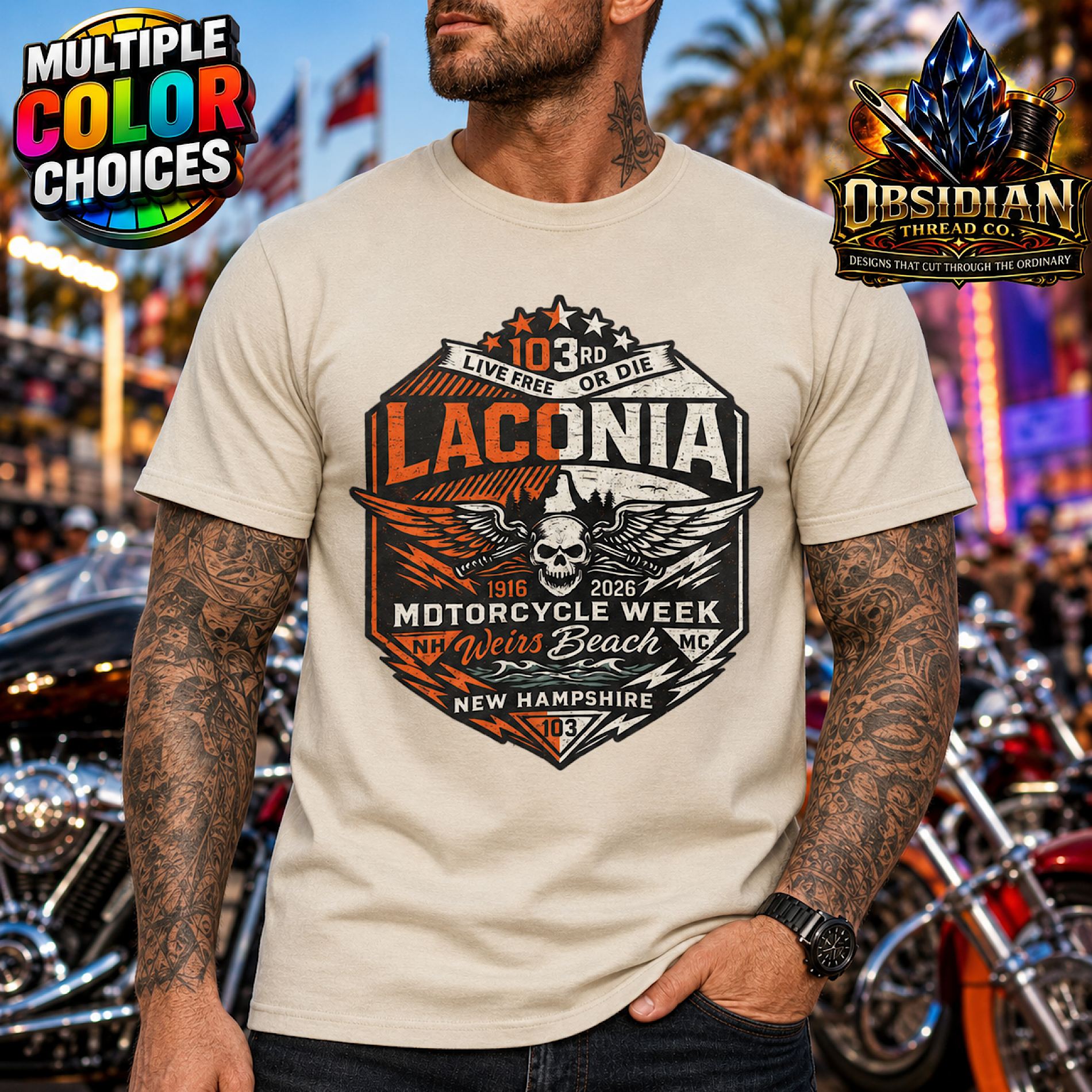 Laconia 2026 Motorcycle Week Shirt 103rd Weirs Beach NH Biker Tee No Harley color preview 4