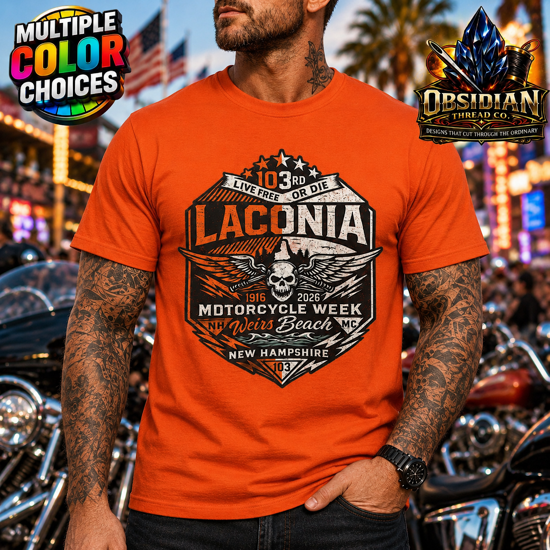 Laconia 2026 Motorcycle Week Shirt 103rd Weirs Beach NH Biker Tee No Harley color preview 3