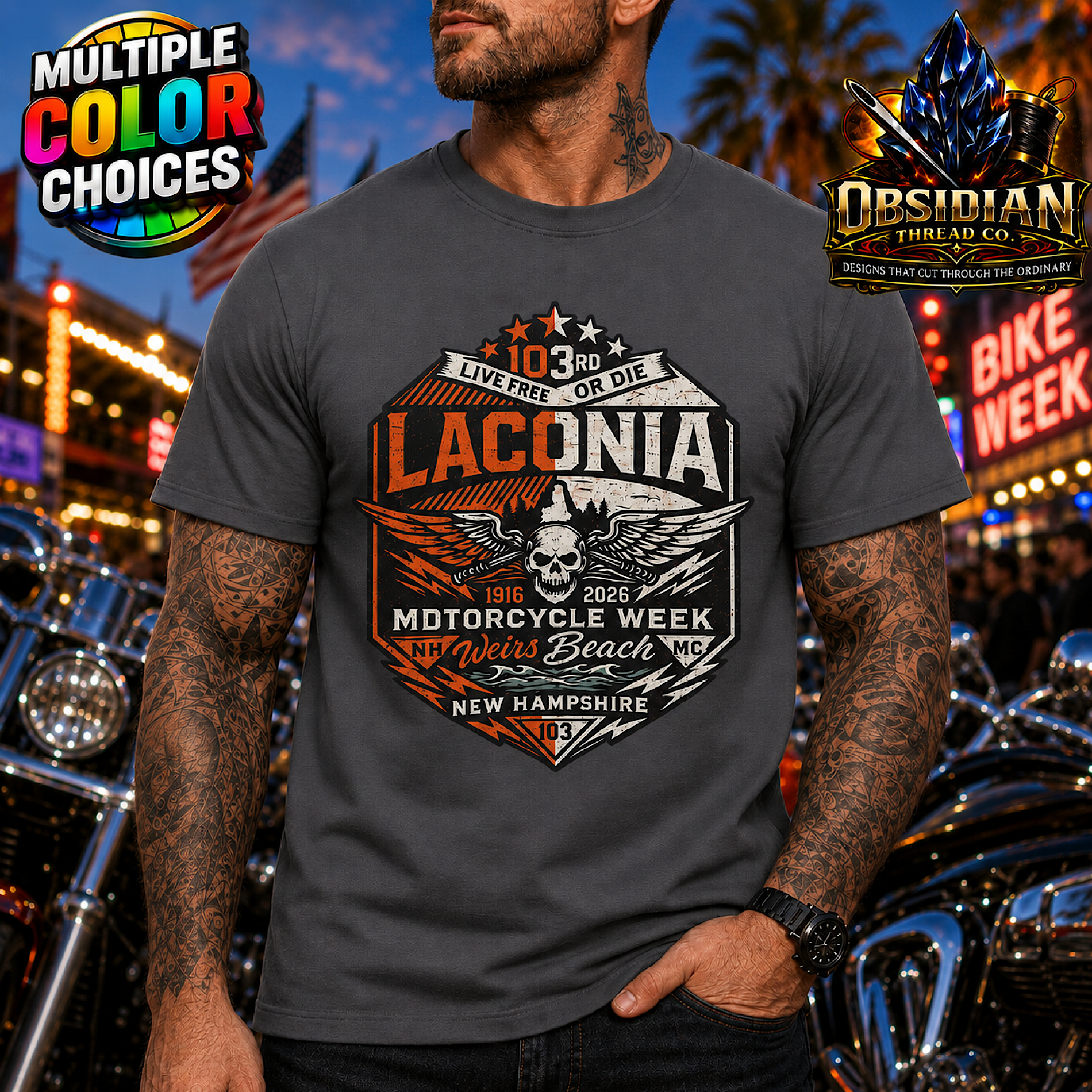 Laconia 2026 Motorcycle Week Shirt 103rd Weirs Beach NH Biker Tee No Harley color preview 2