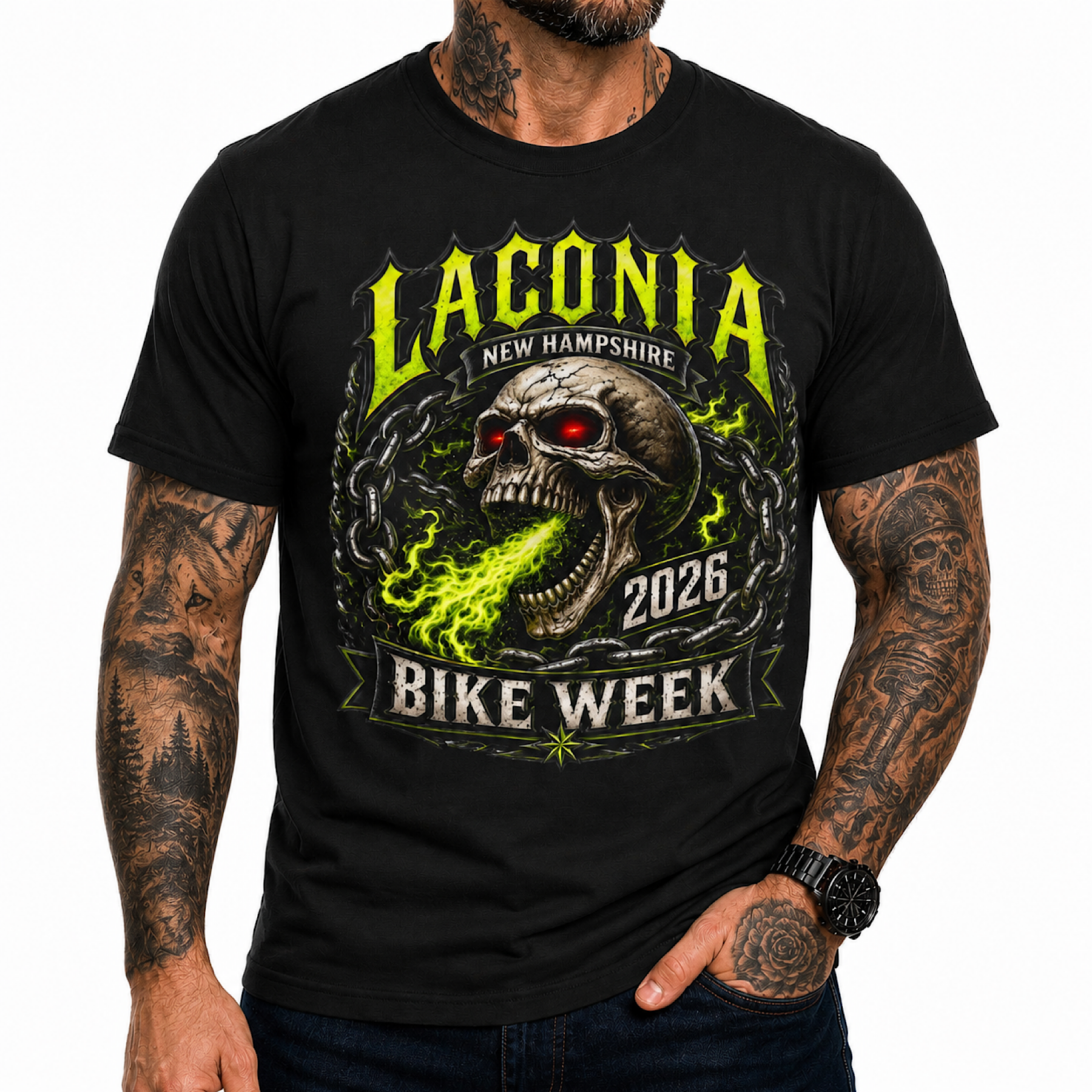 Laconia Bike Week 2026 Skull Biker Motorcycle Rally New Hampshire Shirt No HD color preview 3