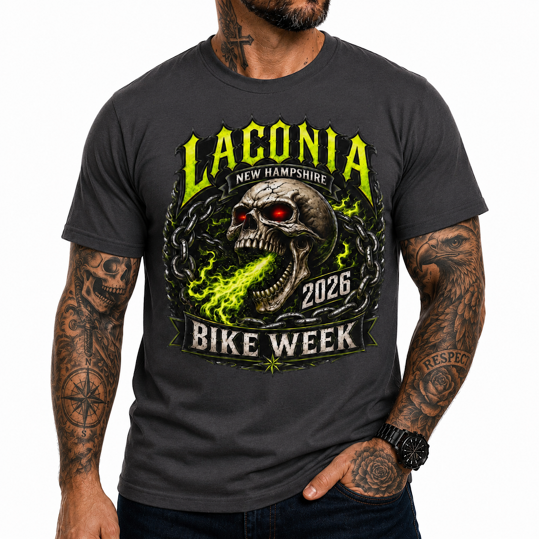 Laconia Bike Week 2026 Skull Biker Motorcycle Rally New Hampshire Shirt No HD color preview 2