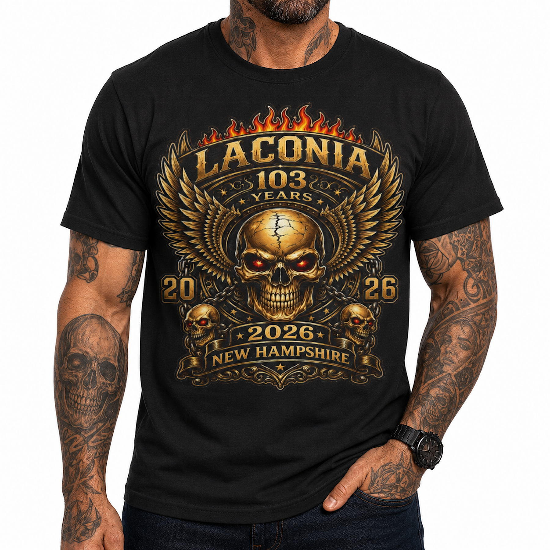 103rd Laconia Bike Week 2026 New Hampshire Skull Biker T-Shirt No Harley color preview 3