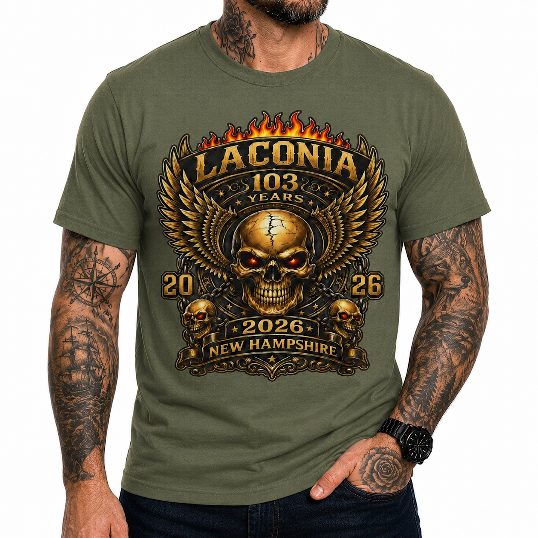 103rd Laconia Bike Week 2026 New Hampshire Skull Biker T-Shirt No Harley color preview 4
