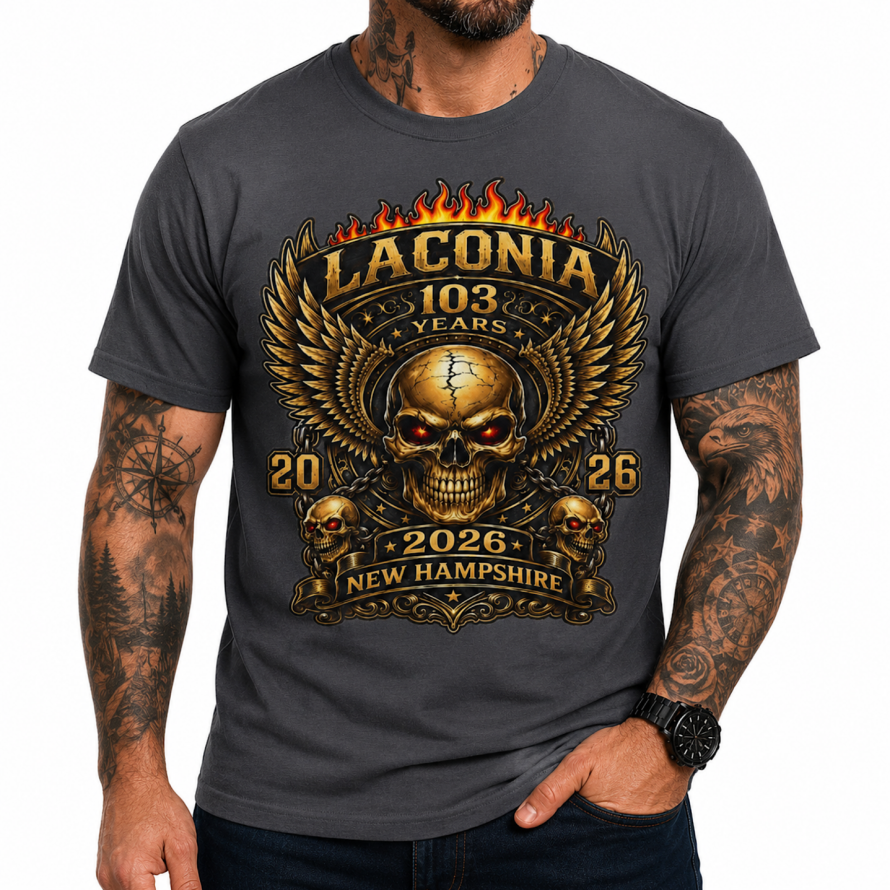 103rd Laconia Bike Week 2026 New Hampshire Skull Biker T-Shirt No Harley color preview 2