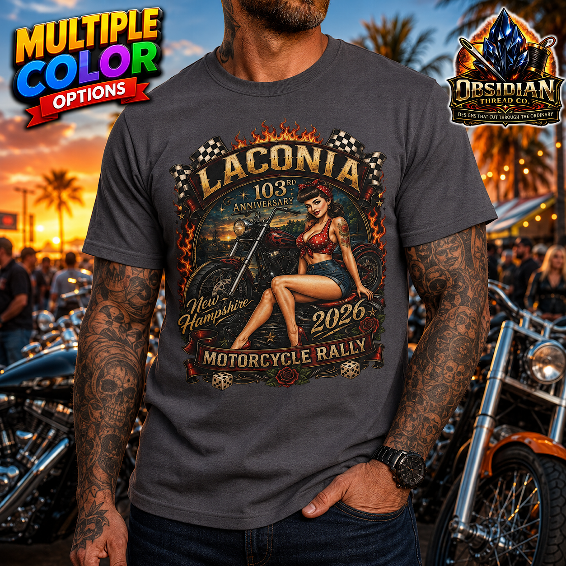 Laconia Bike Week 2026 NH Weirs Motorcycle Rally New Hampshire Pinup T-Shirt artwork detail
