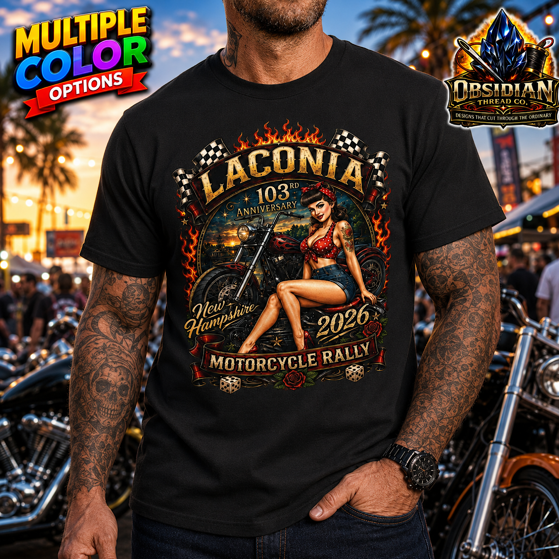 Laconia Bike Week 2026 NH Weirs Motorcycle Rally New Hampshire Pinup T-Shirt color preview 4