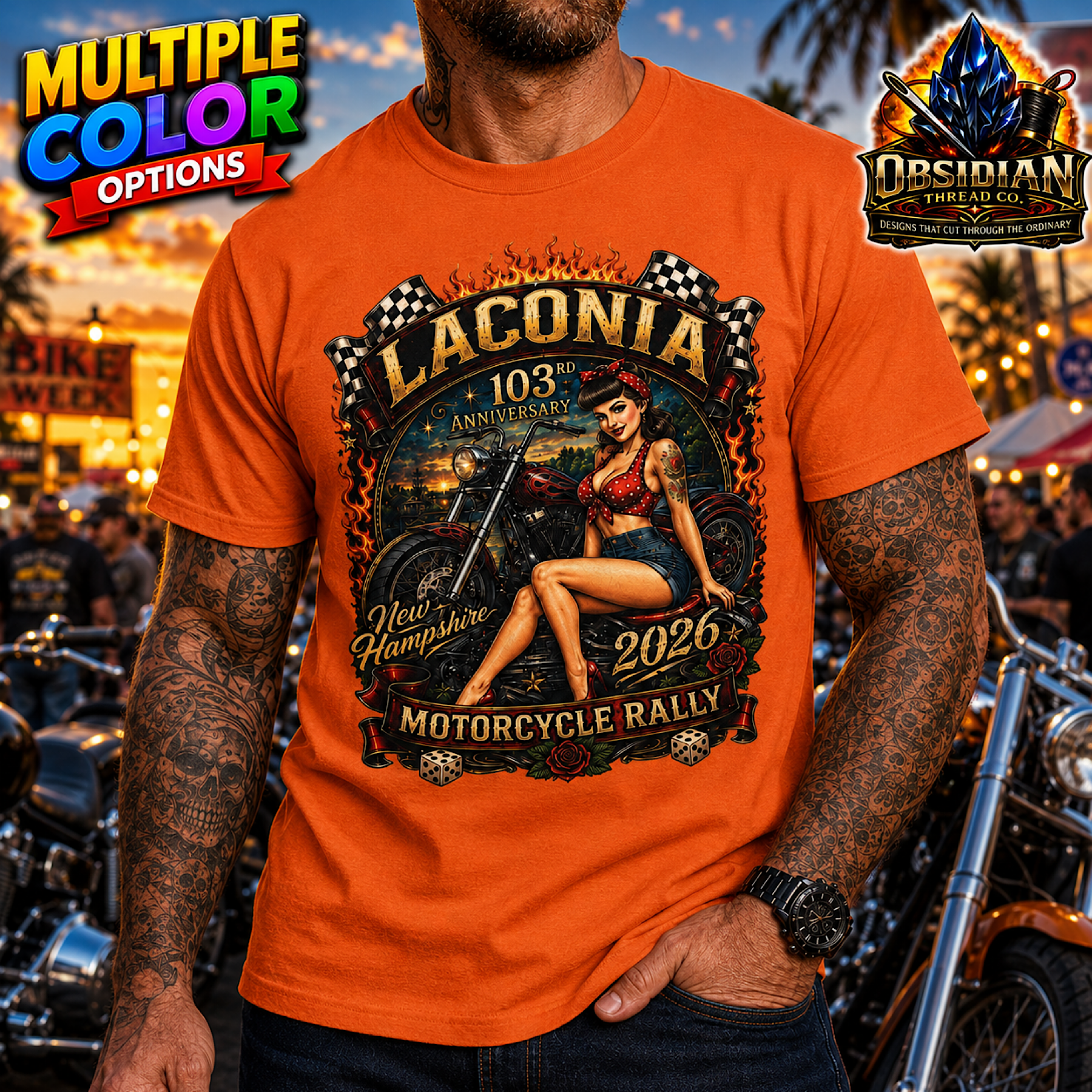 Laconia Bike Week 2026 NH Weirs Motorcycle Rally New Hampshire Pinup T-Shirt color preview 3
